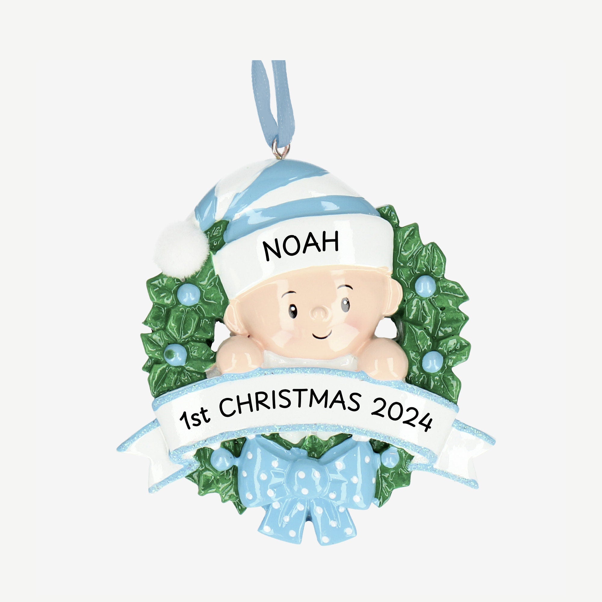 Baby 1st Christmas Bauble - Personalise with Name | Baby in a Wreath design | Christmas Decor