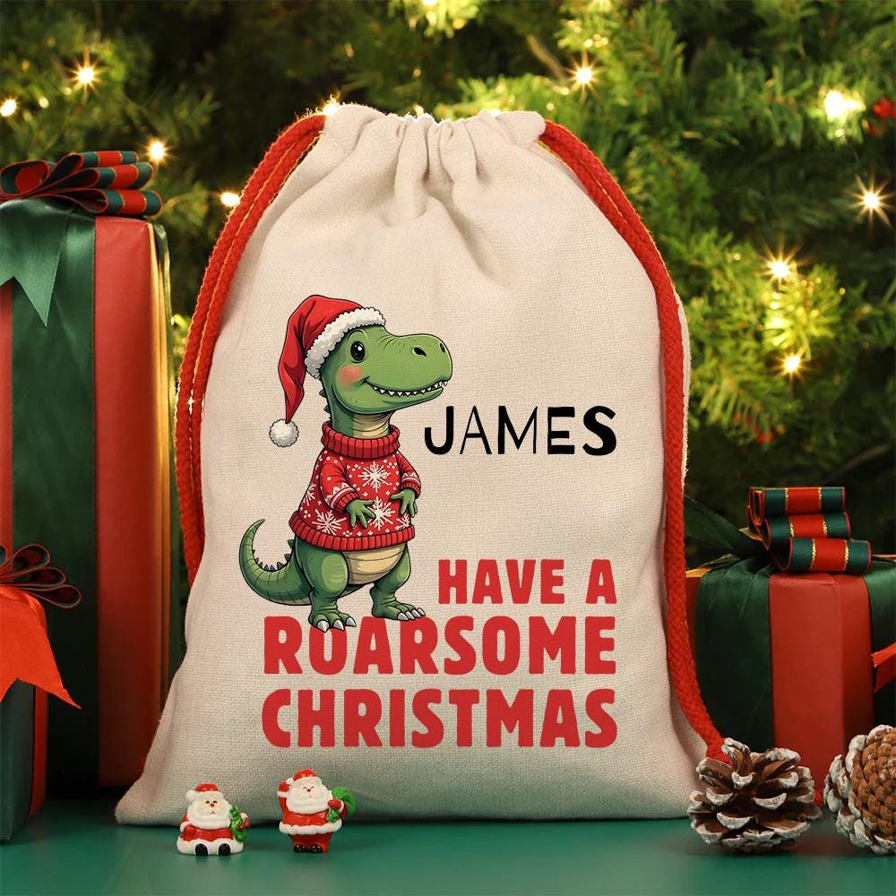 Personalised Christmas Sack - Dinosaur Design | Christmas Toy Sack |Christmas Stocking | Small/Large
