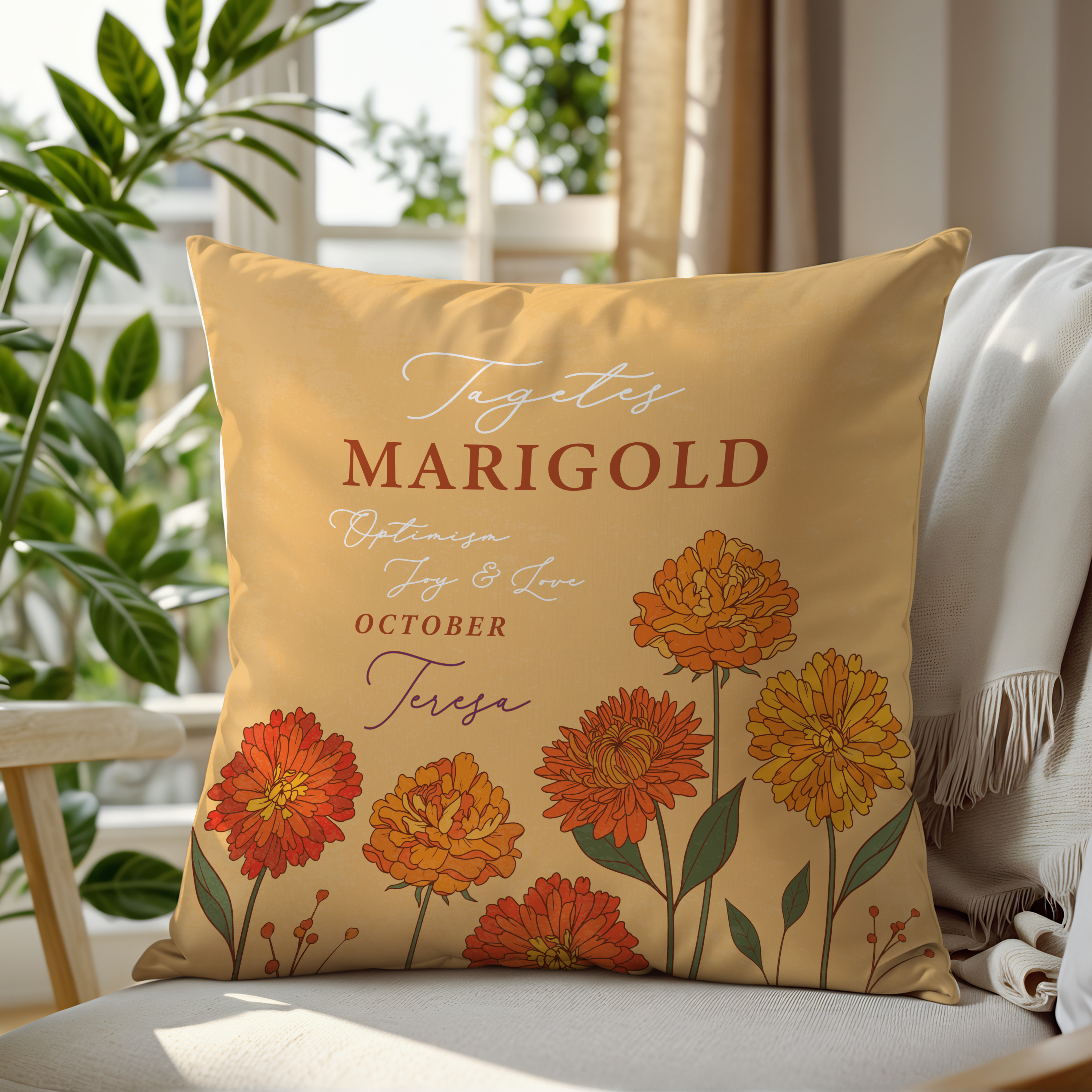 Personalised Birth Flower Cushion - October Marigold Design