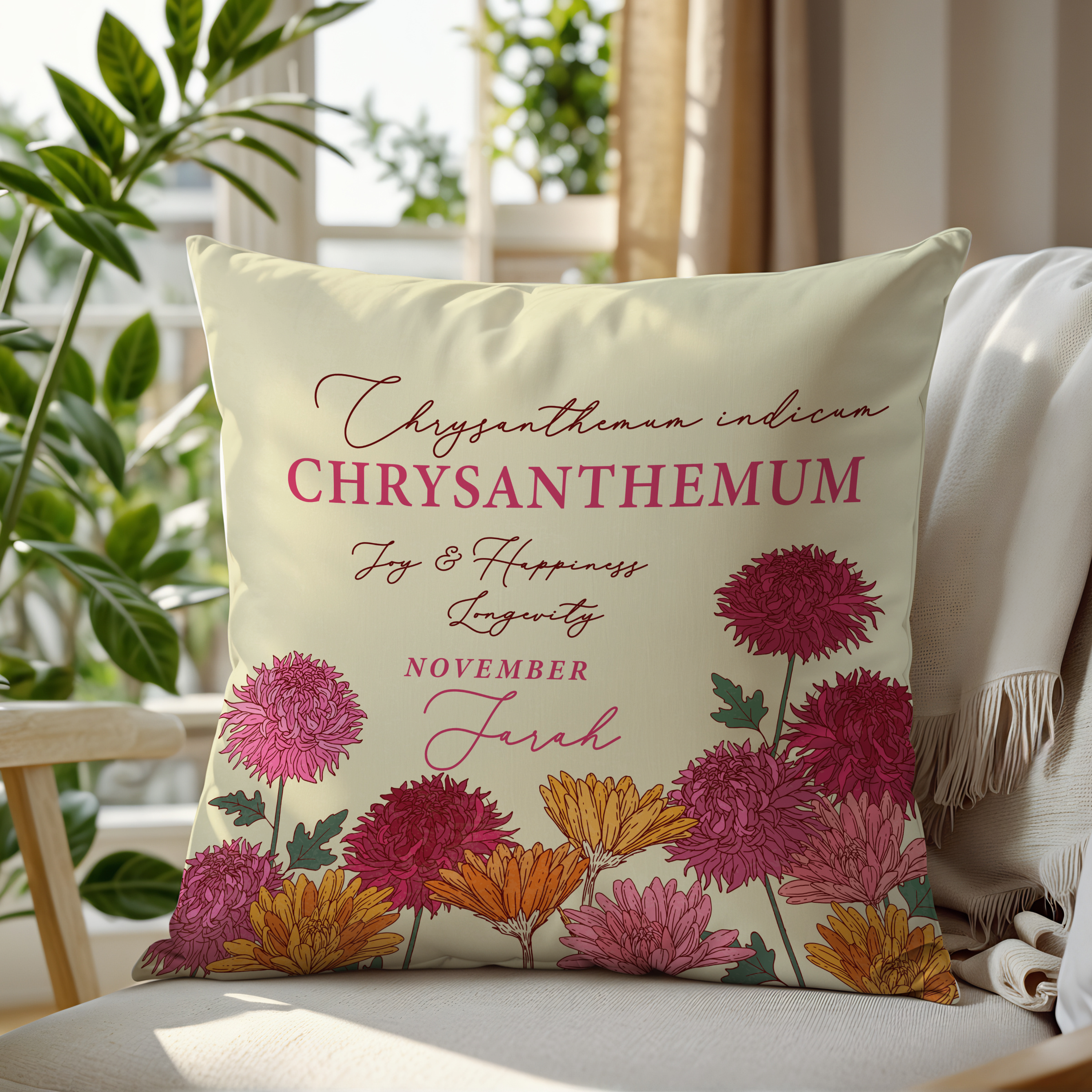 Personalised Birth Flower Cushion - November Chrysanthemum Design