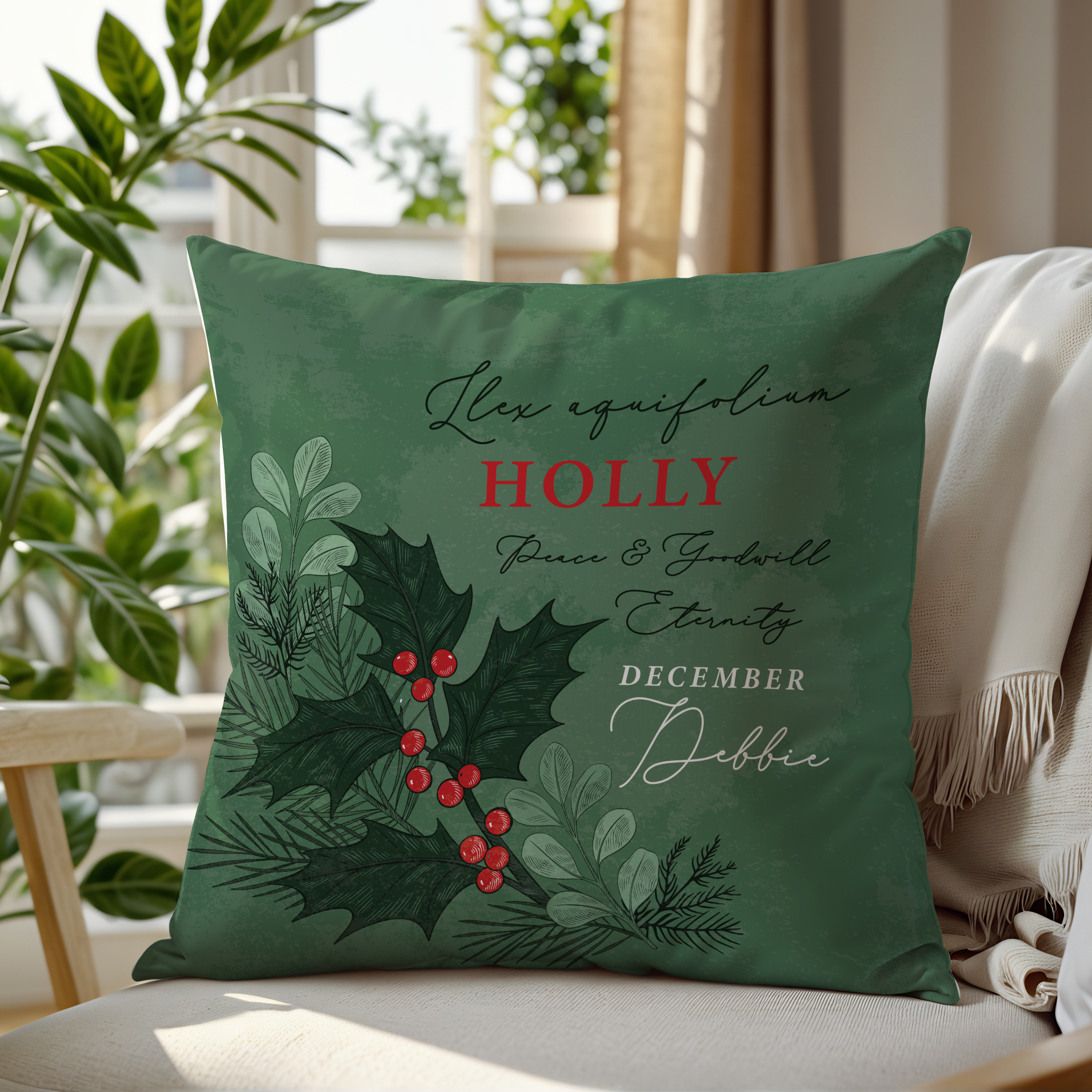 Personalised Birth Flower Cushion - December Holly Design