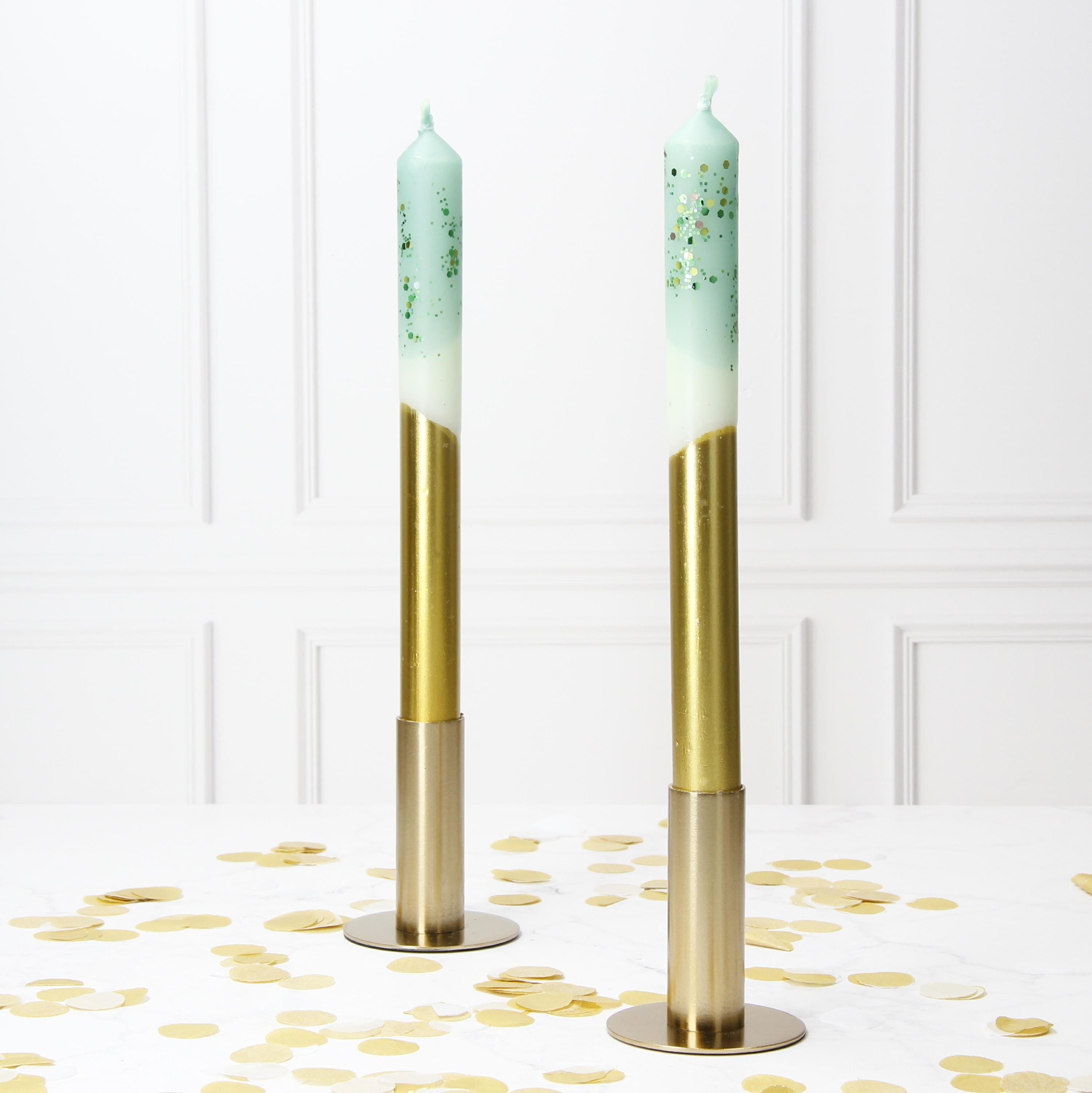 Turquoise and Gold Pastel Dipped Hand Made Candles - Pair