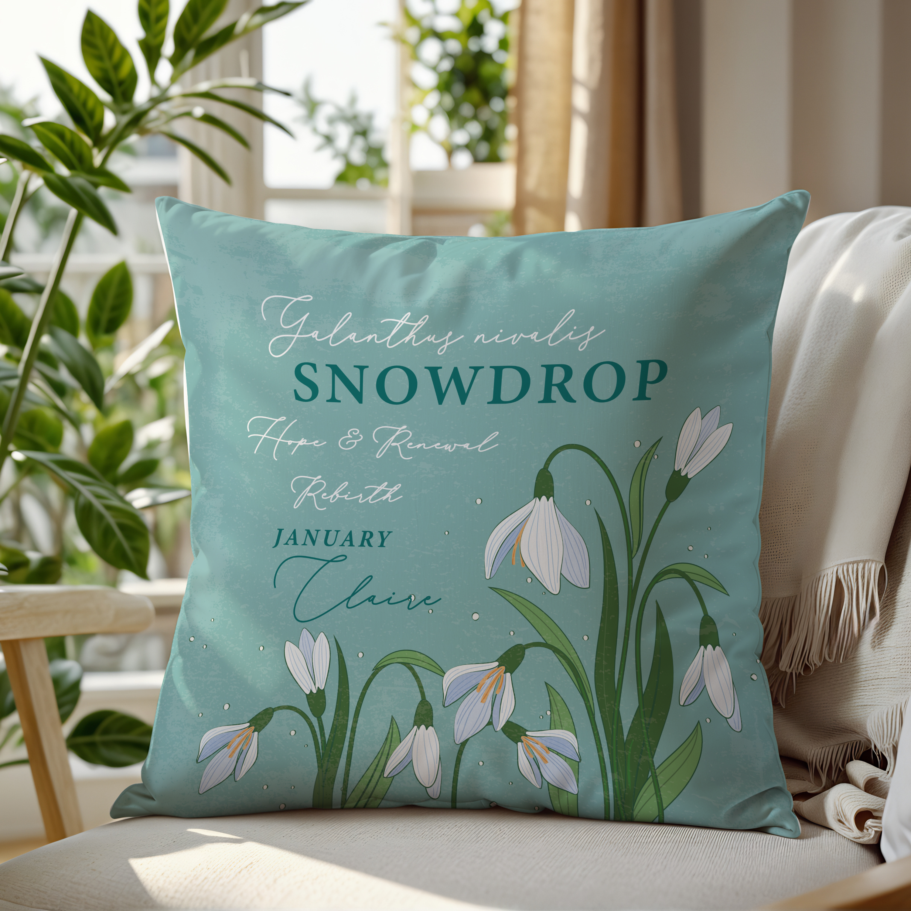 Personalised Birth Flower Cushion - January Snowdrop Design