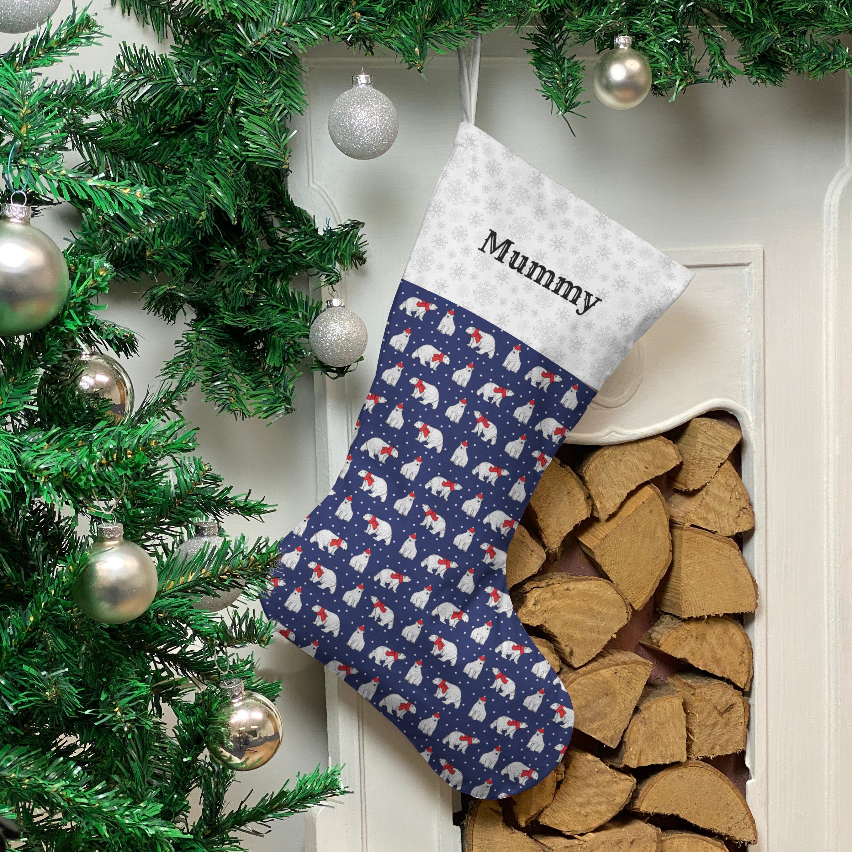 Christmas Stocking - Personalised Xmas Stocking | Navy Blue Polar Bears Design