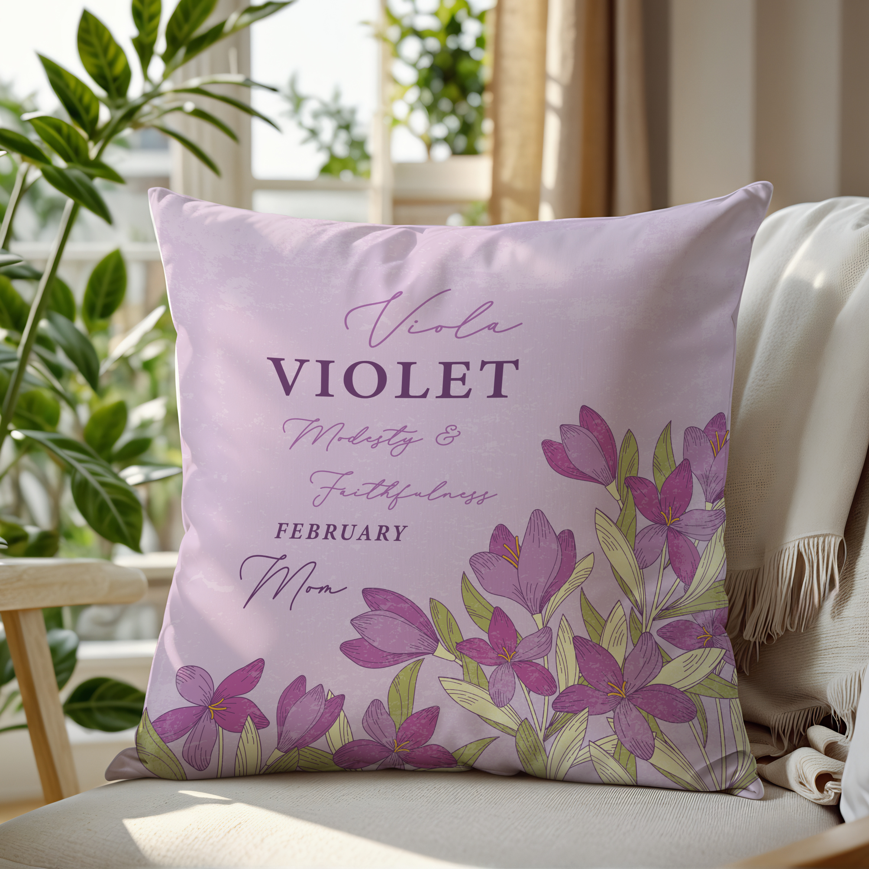 Personalised Birth Flower Cushion - February Violet Design