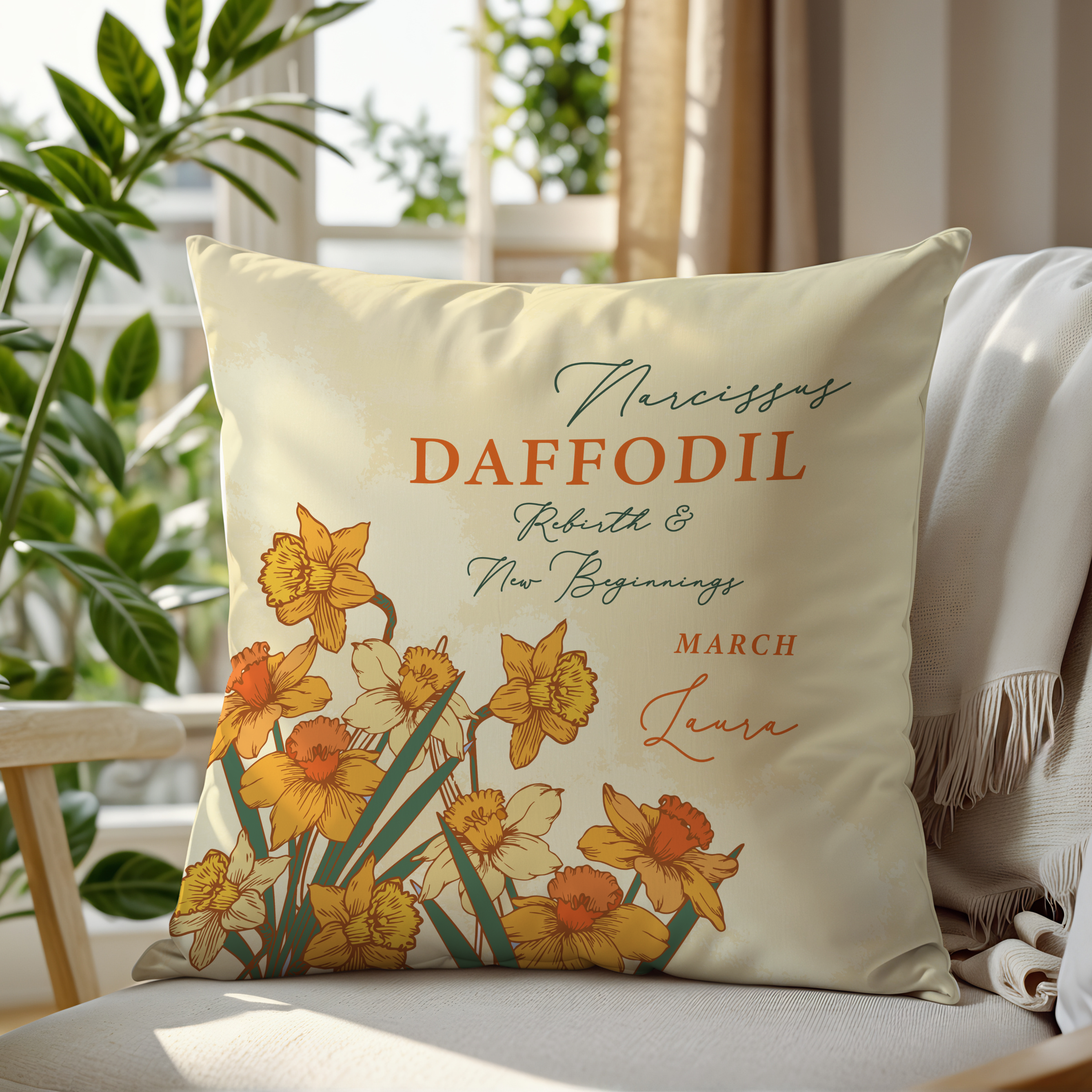 Personalised Birth Flower Cushion - March Daffodil Design