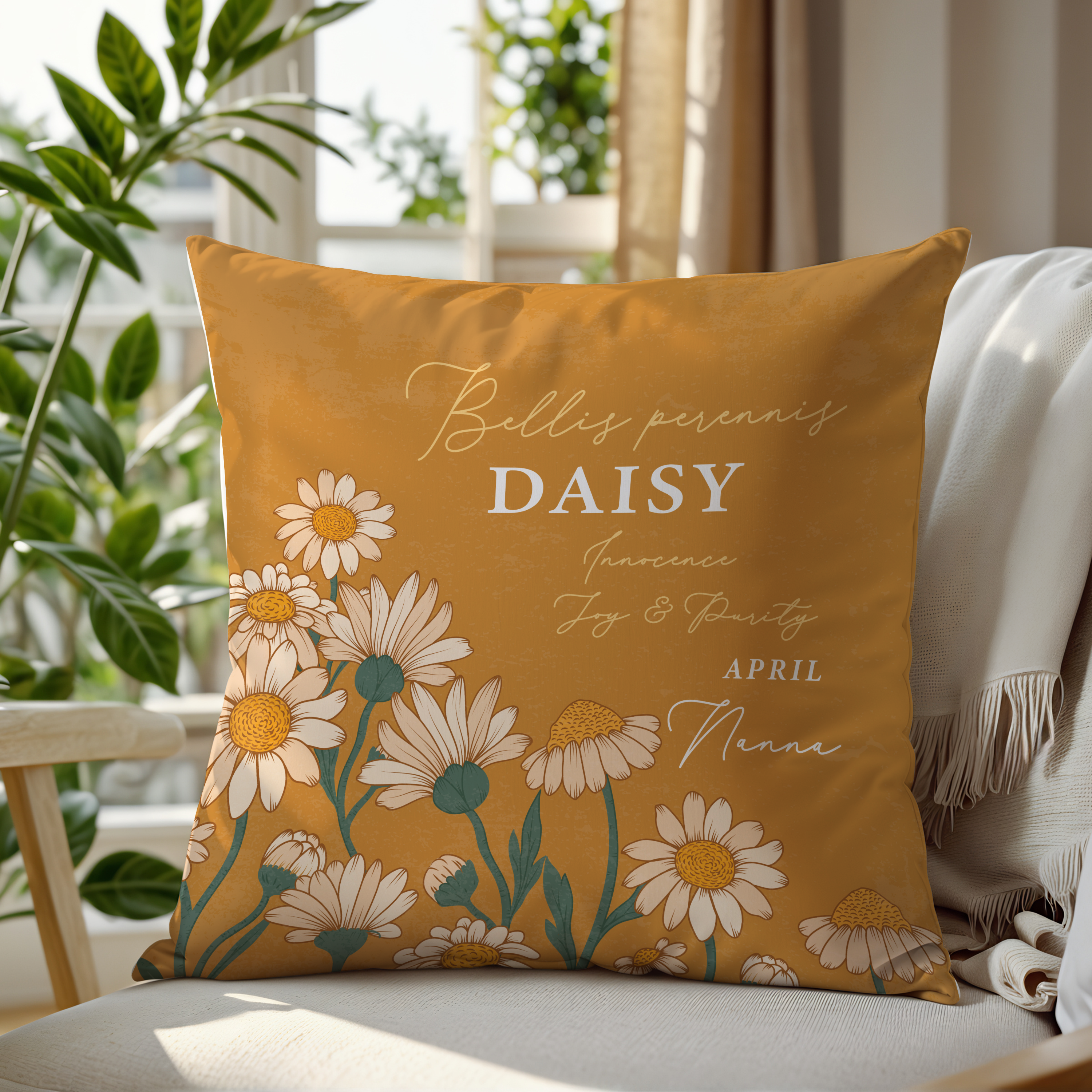 Personalised Birth Flower Cushion - April Daisy Design