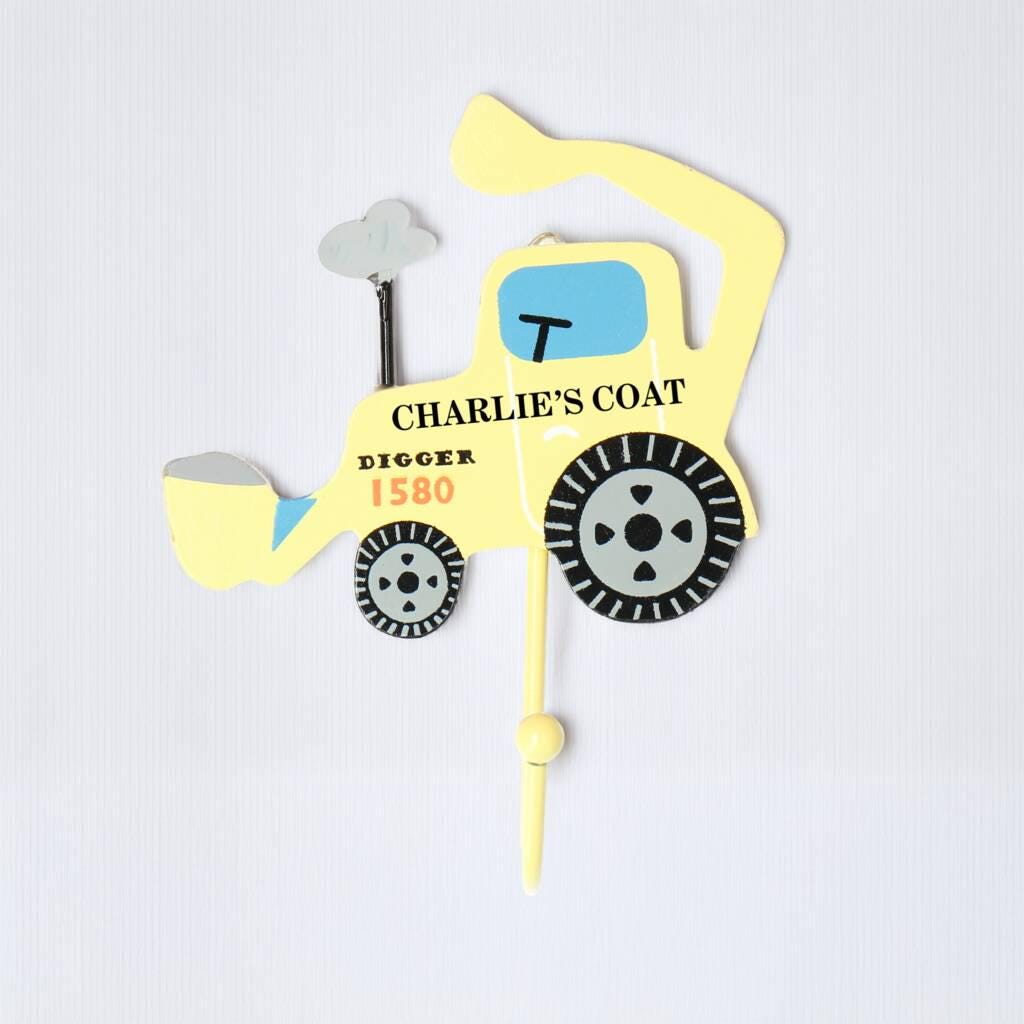 Personalised Digger Coat Wall Hook - Yellow or Green