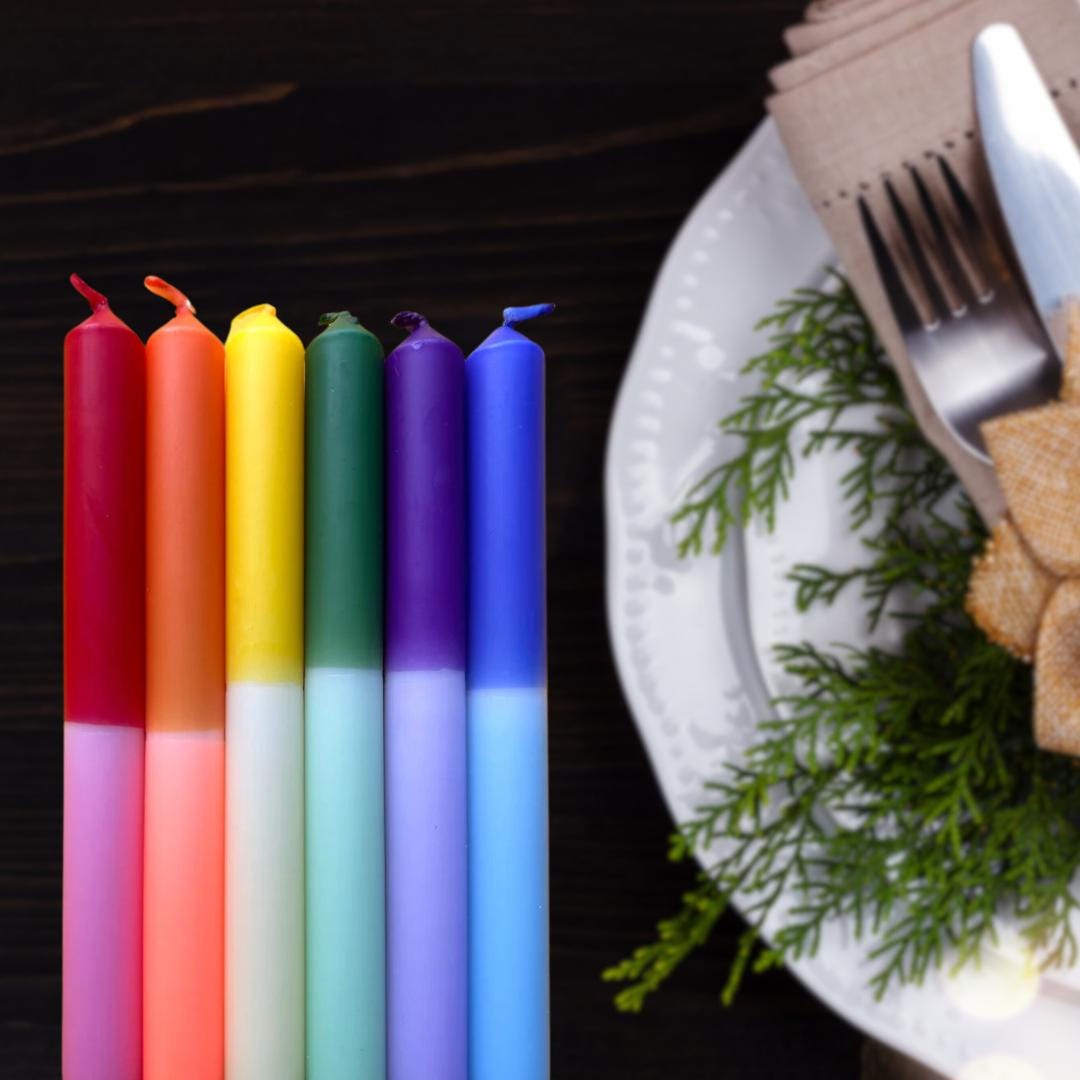Six Rainbow Two Tone Dipped Hand Made Candle