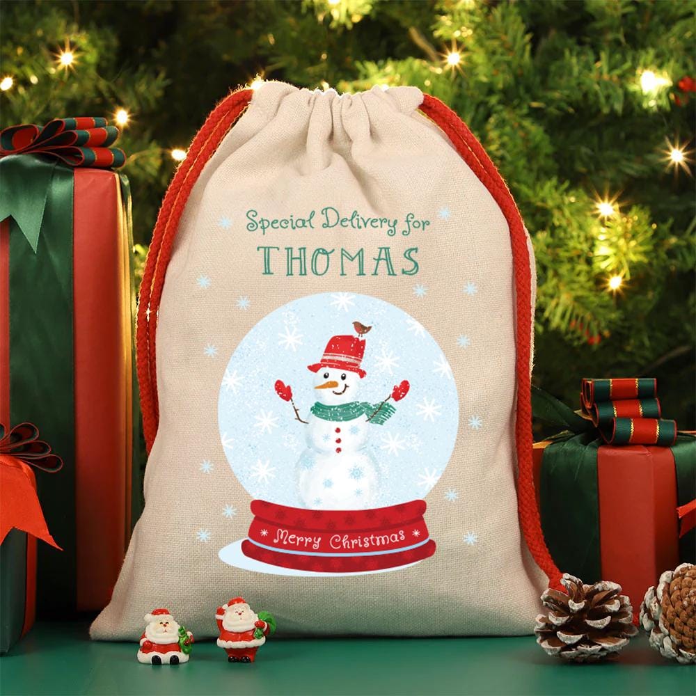 Personalised Christmas Presents Sack - Snowman Snowglobe Design