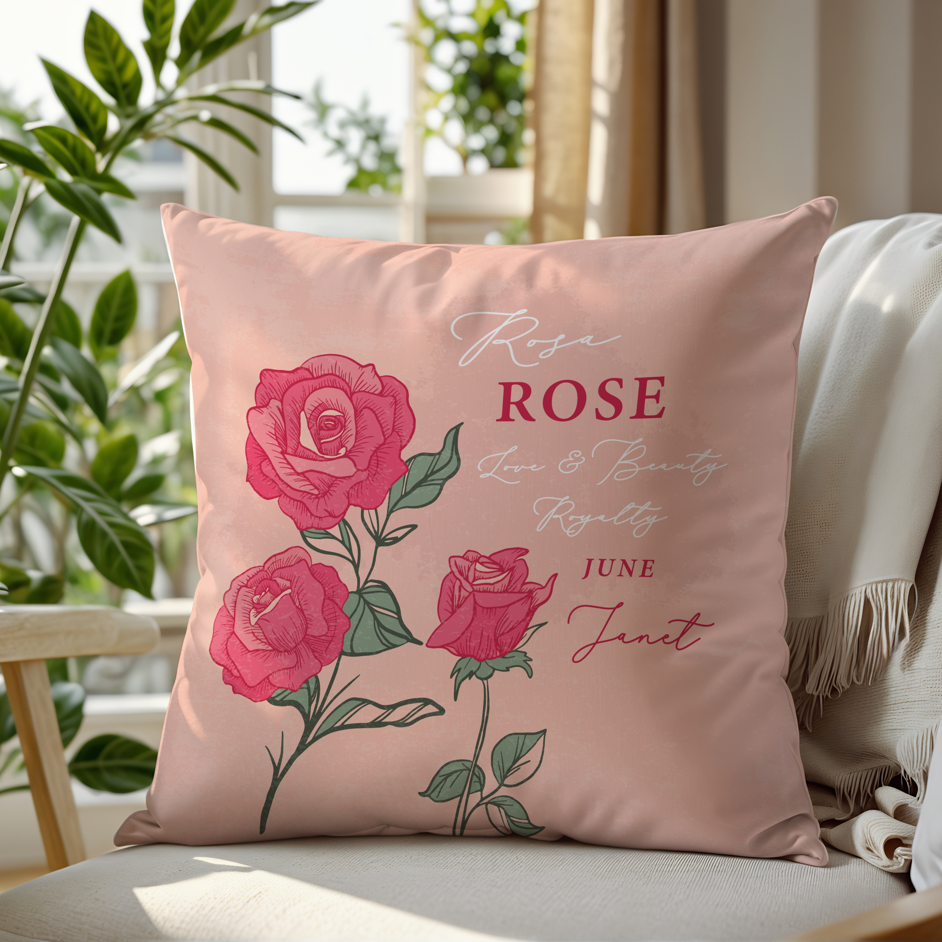 Personalised Birth Flower Cushion - June Rose Design