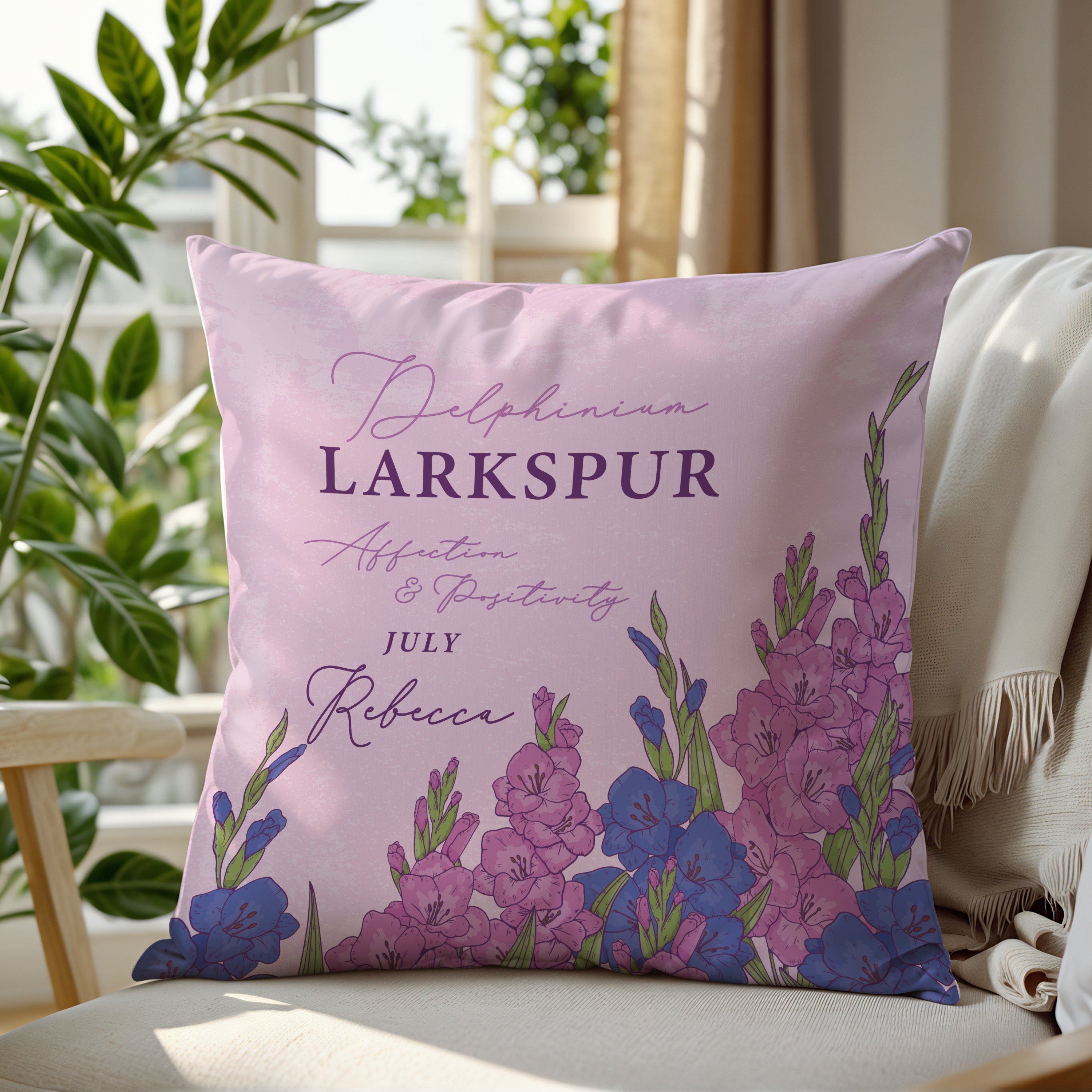 Personalised Birth Flower Cushion - July Larkspur Design