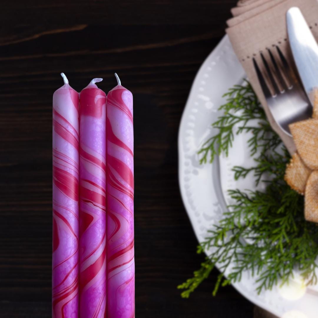 Pink and Purple Marble Dipped Hand Made Candles - Pair