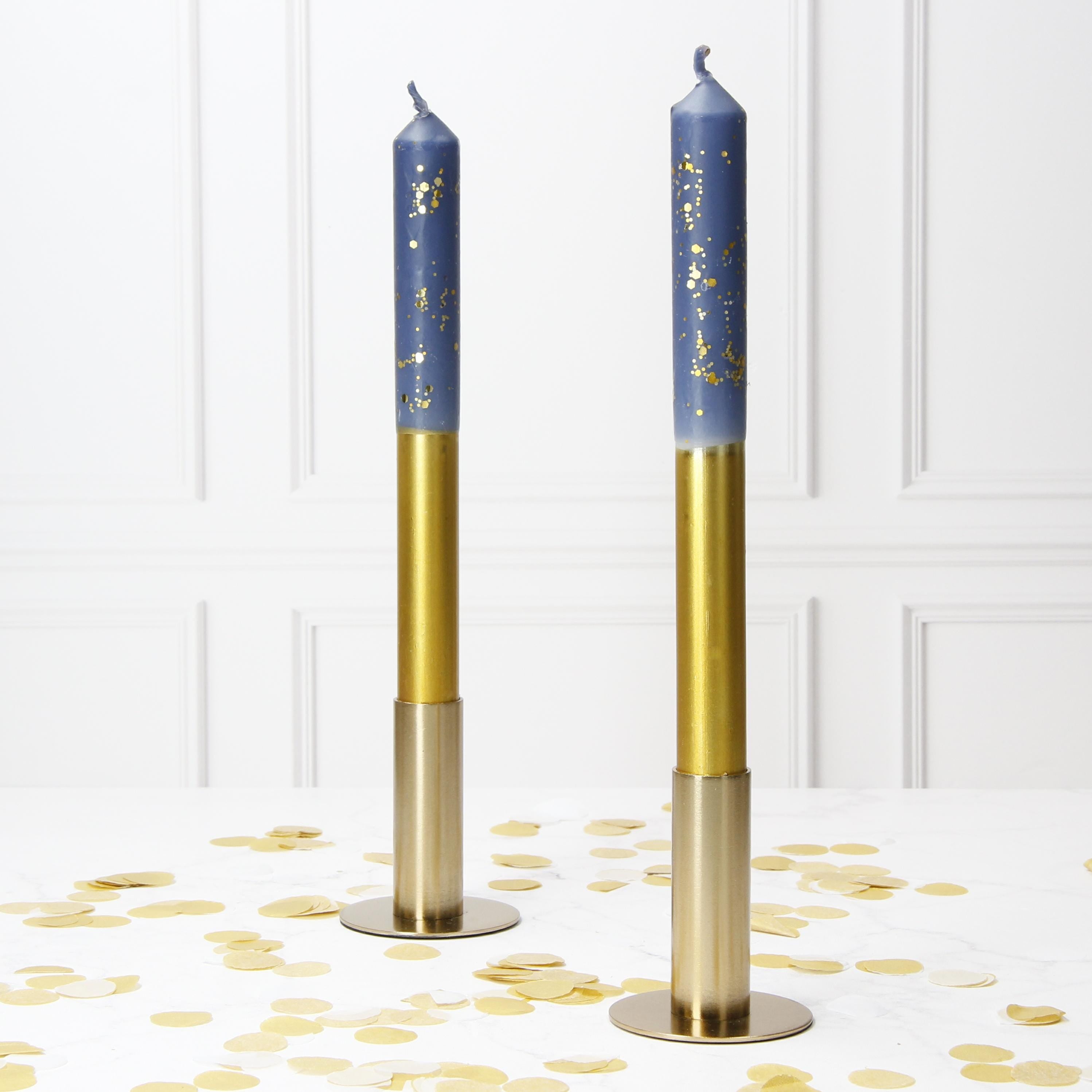 Navy and Gold Pinstripe Hand Made Candles - Christmas Theme - Pair