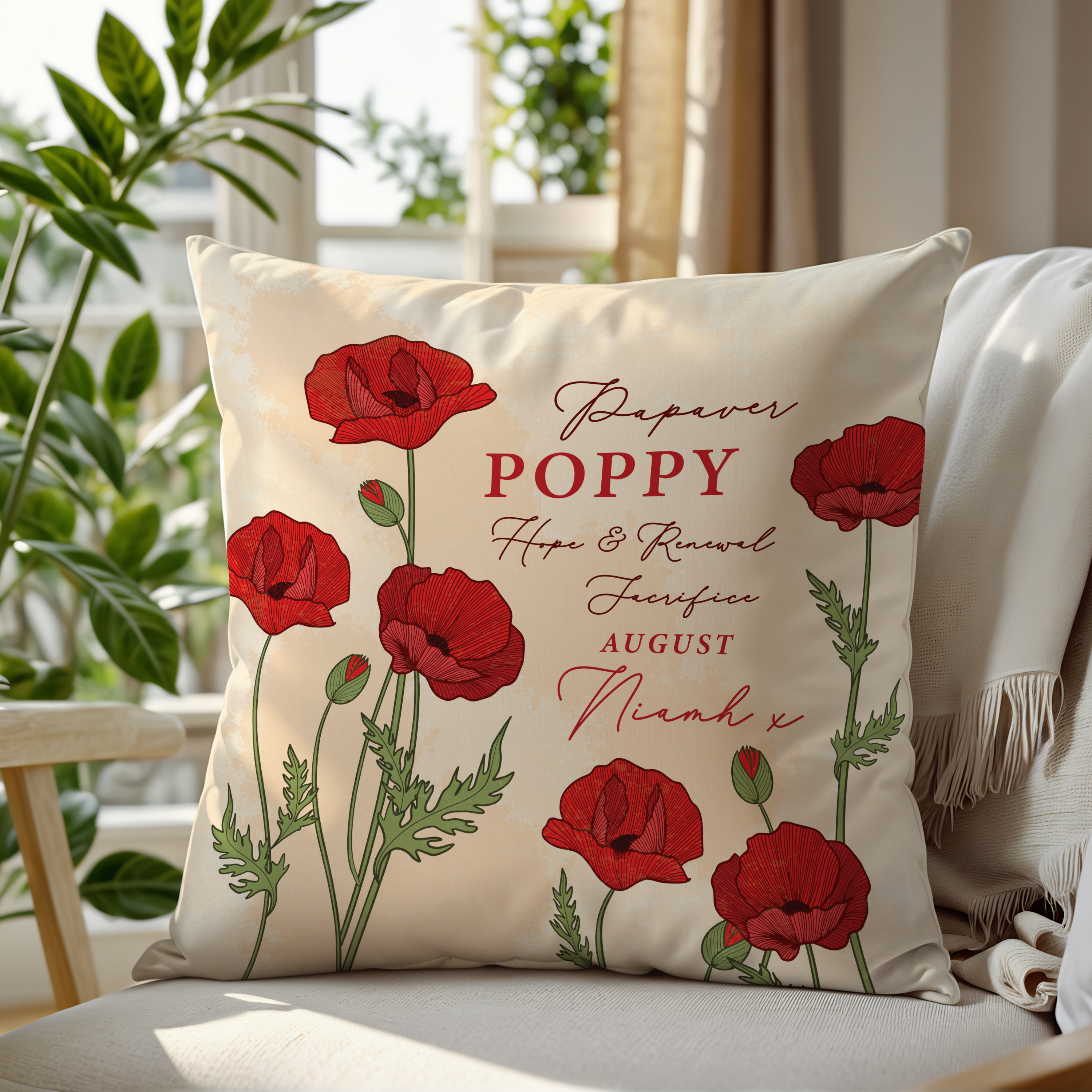 Personalised Birth Flower Cushion - August Poppy Design