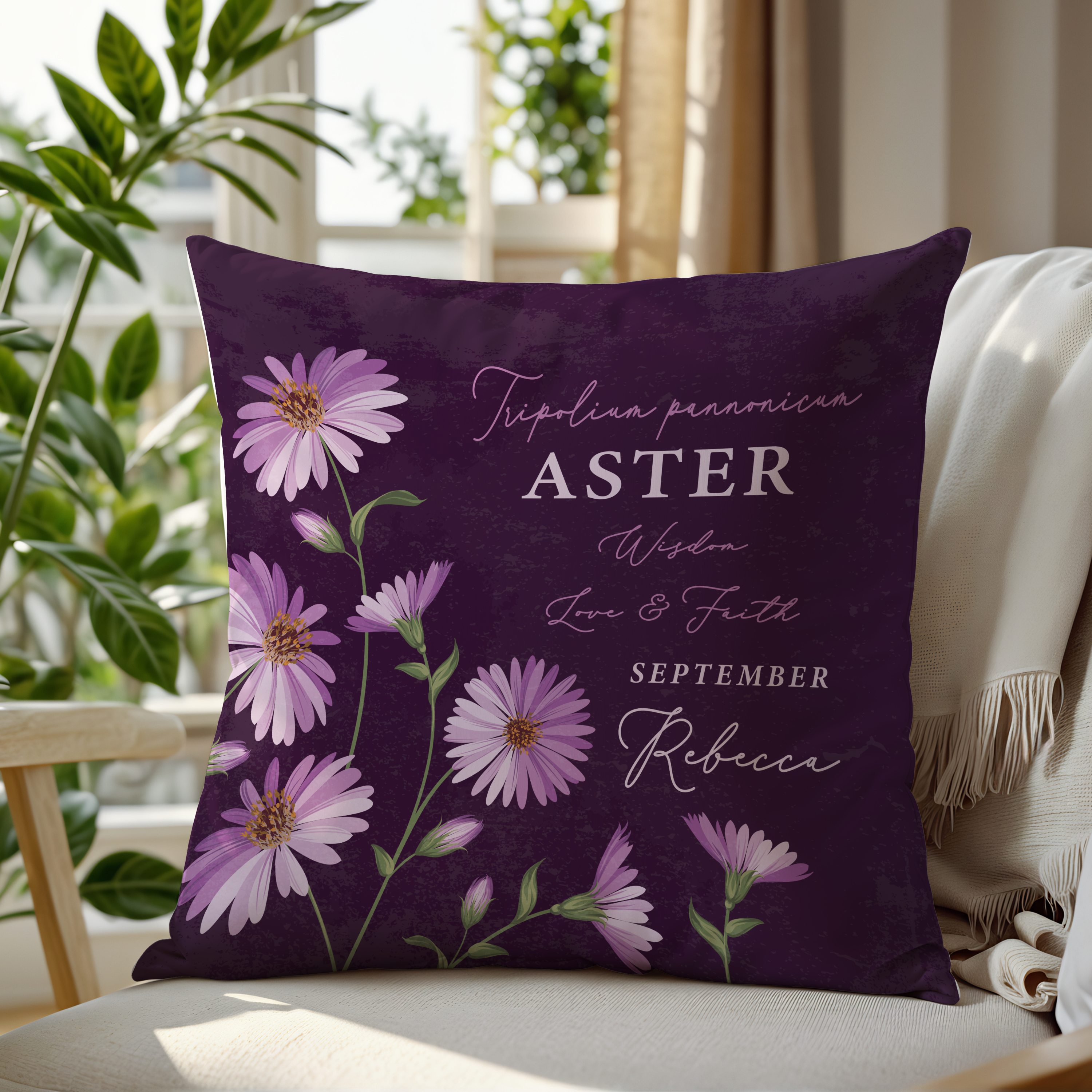 Personalised Birth Flower Cushion - September Aster Design