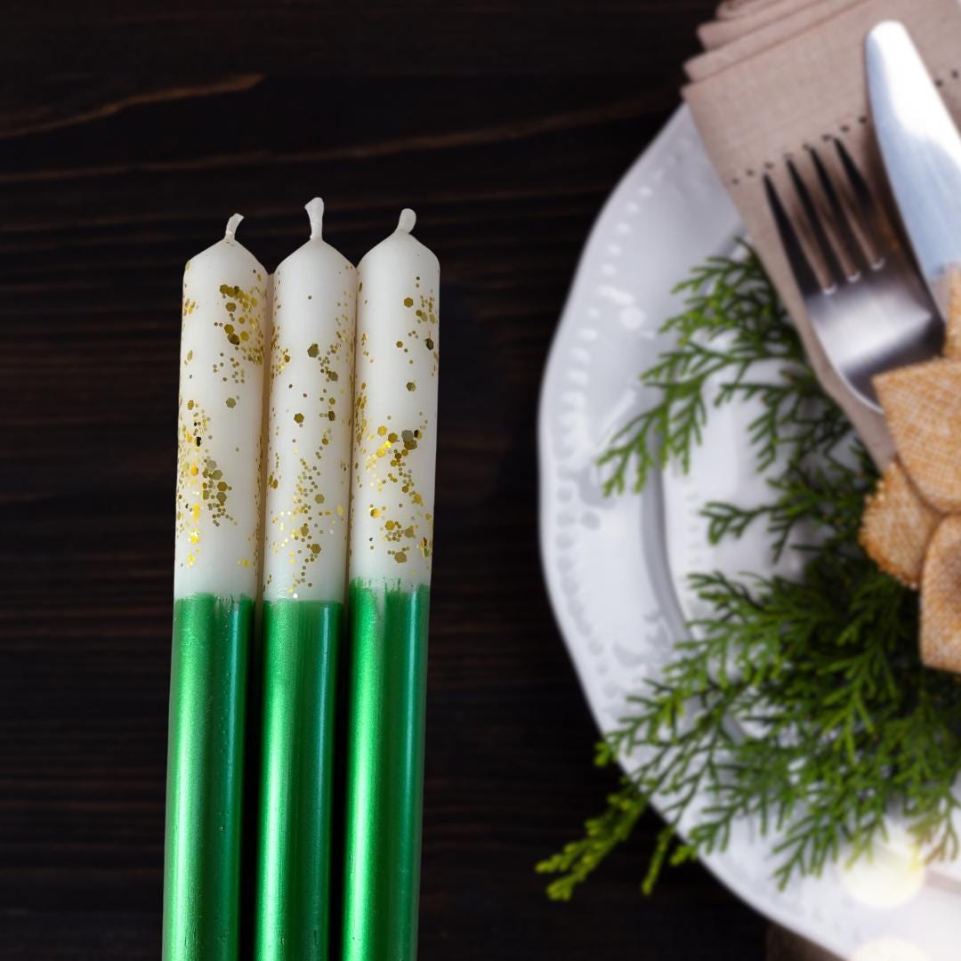 Green and Gold Glitter Dipped Hand Made Candles - Christmas Theme - Pair