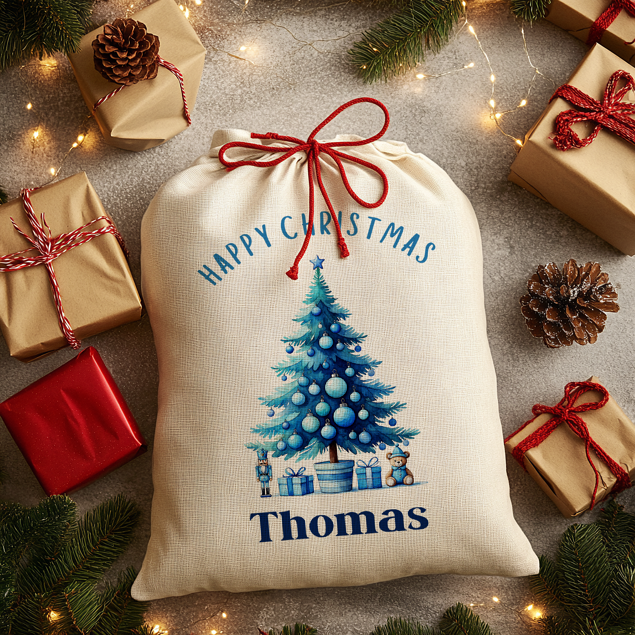 Personalised Christmas Sack - Blue Tree | Christmas Toy Sack | Christmas Stocking |  Small/Large