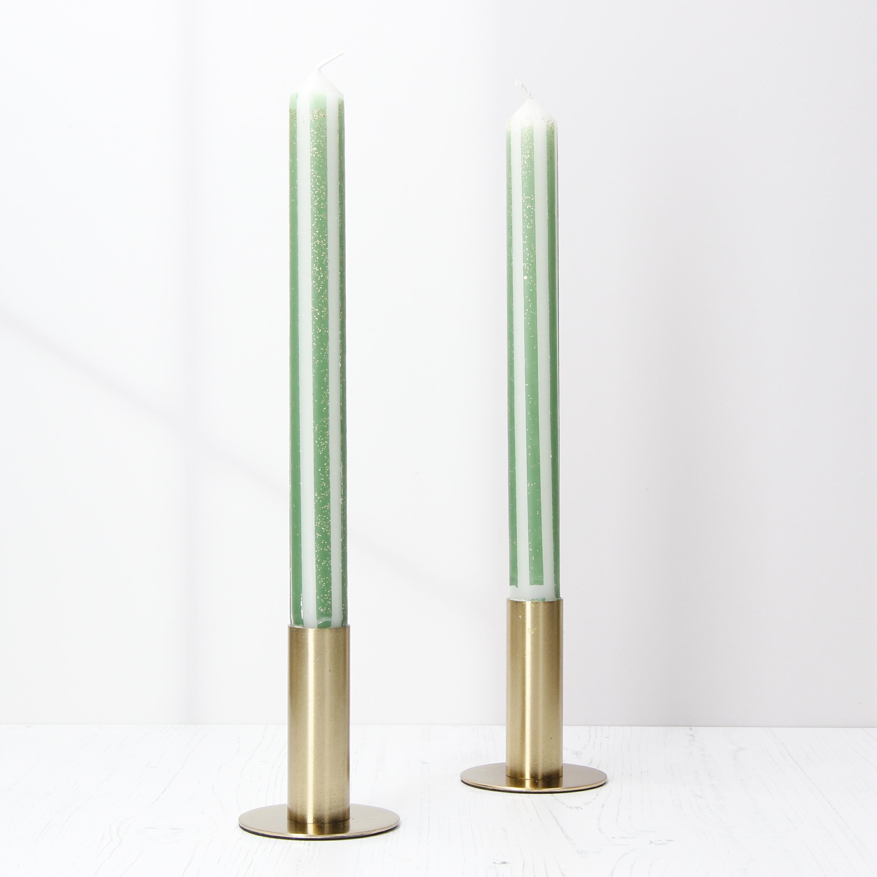 Green and Gold Pinstripe Hand Made Candles - Christmas Theme - Pair