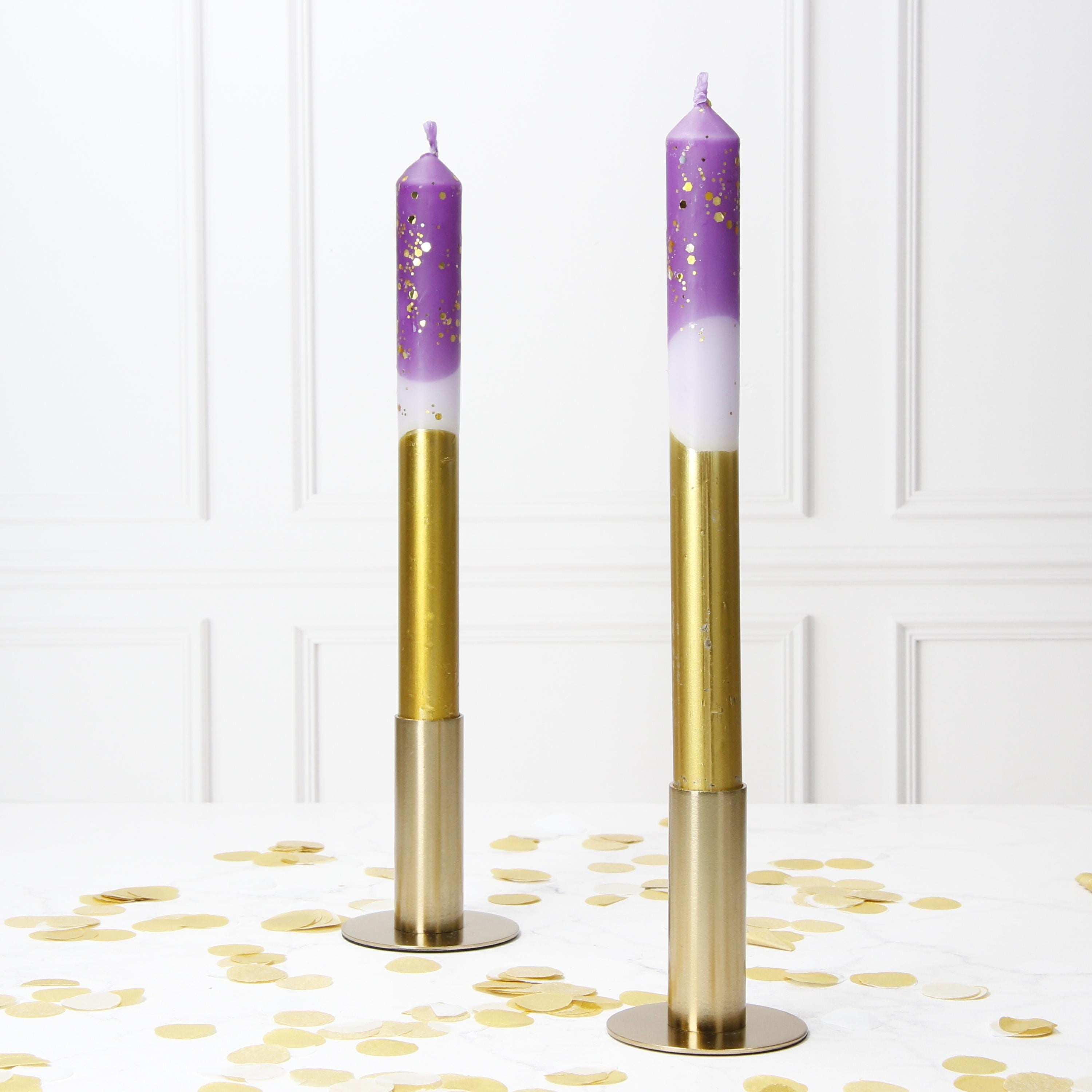 Purple and Gold Pinstripe Hand Made Candles - Pair