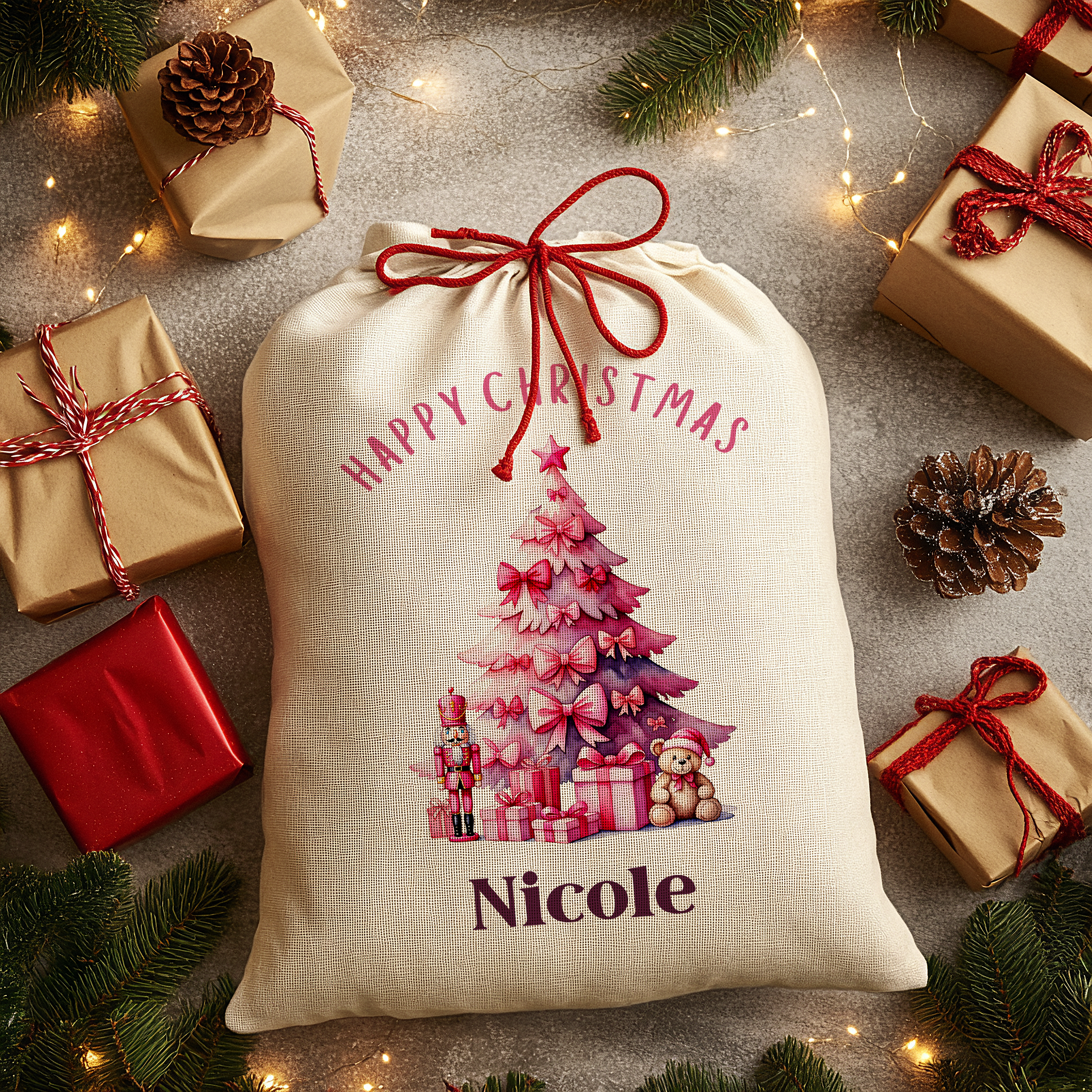 Personalised Christmas Sack - Pink Tree | Christmas Toy Sack | Christmas Stocking |  Small/Large
