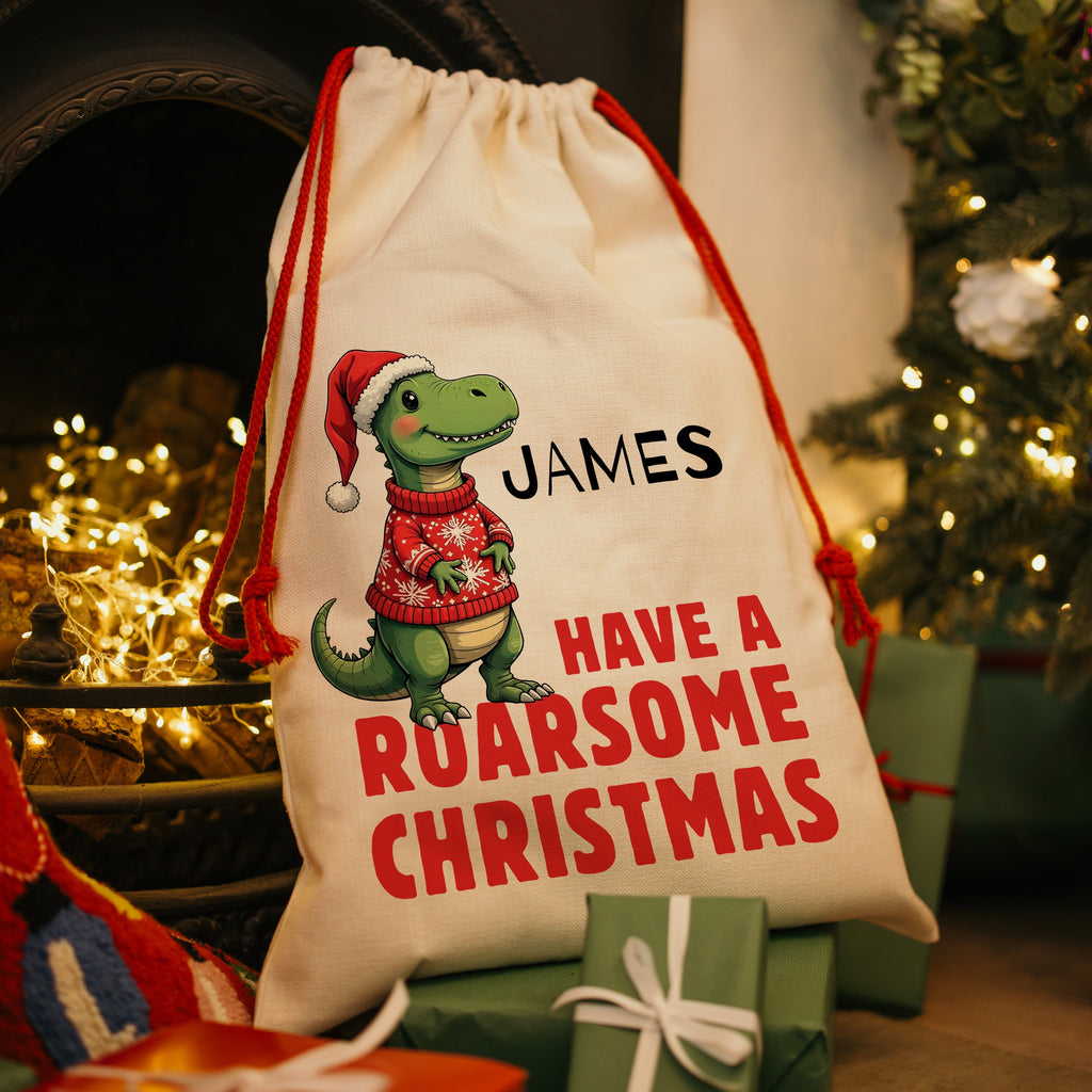 Personalised Christmas Sack - Dinosaur Design | Christmas Toy Sack |Christmas Stocking | Small/Large