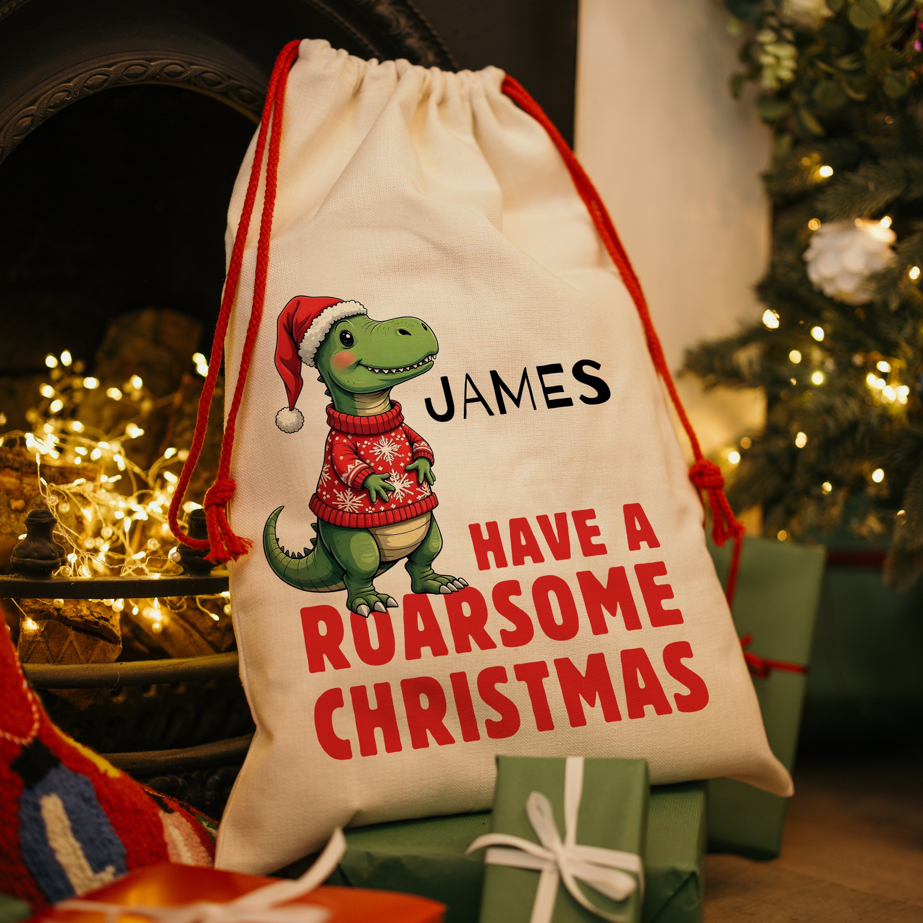 Personalised Christmas Sack - Dinosaur Design | Christmas Toy Sack |Christmas Stocking | Small/Large