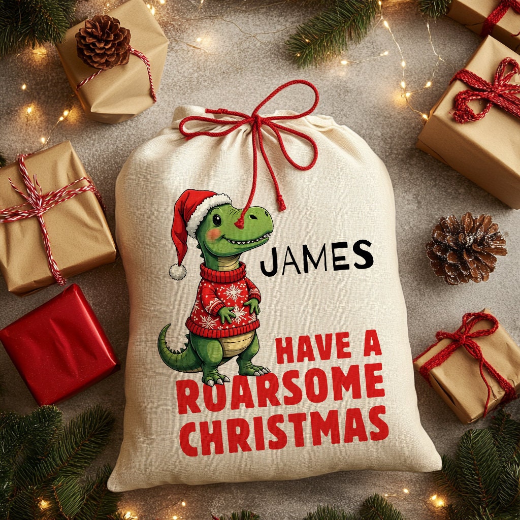 Personalised Christmas Sack - Dinosaur Design | Christmas Toy Sack |Christmas Stocking | Small/Large