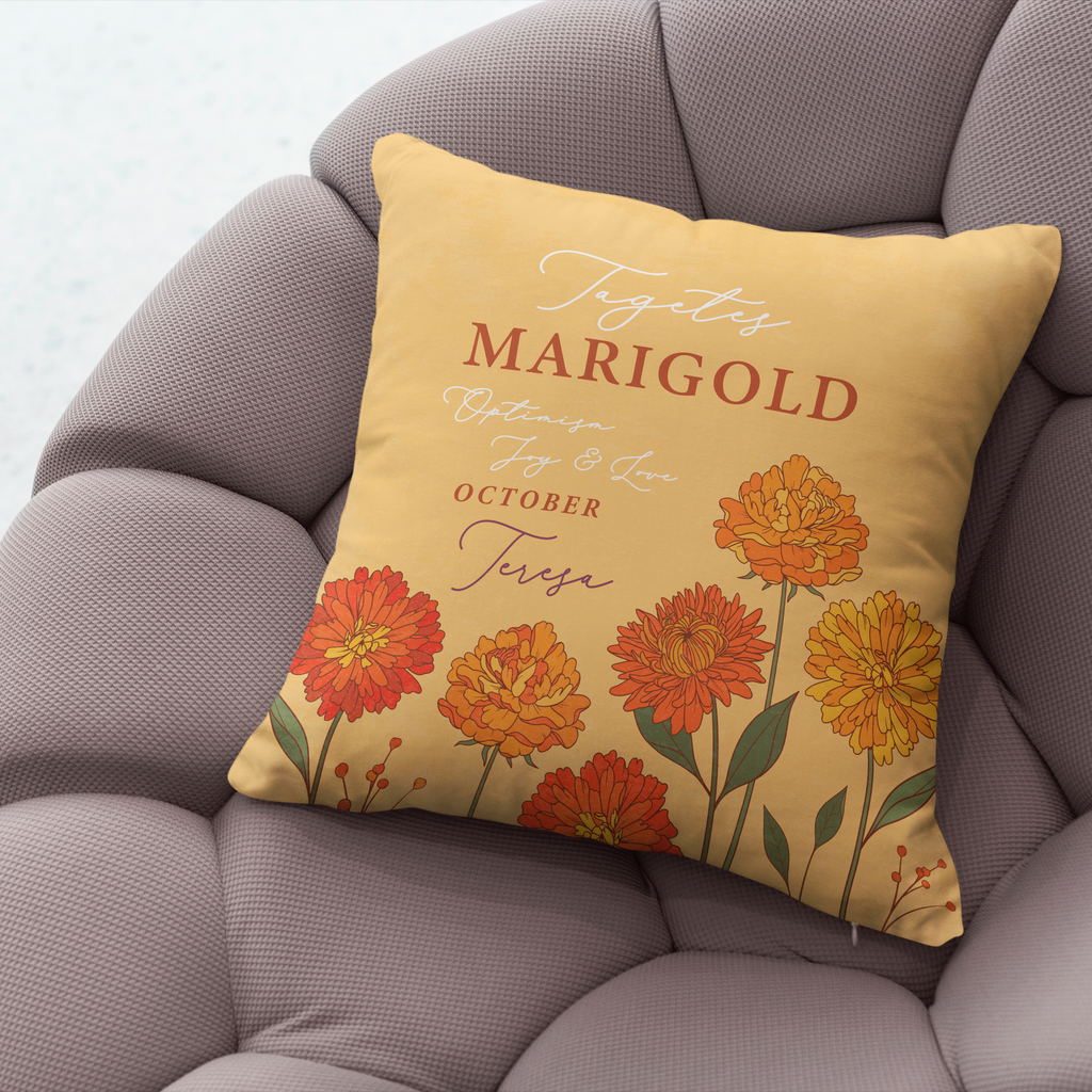 Personalised Birth Flower Cushion - October Marigold Design