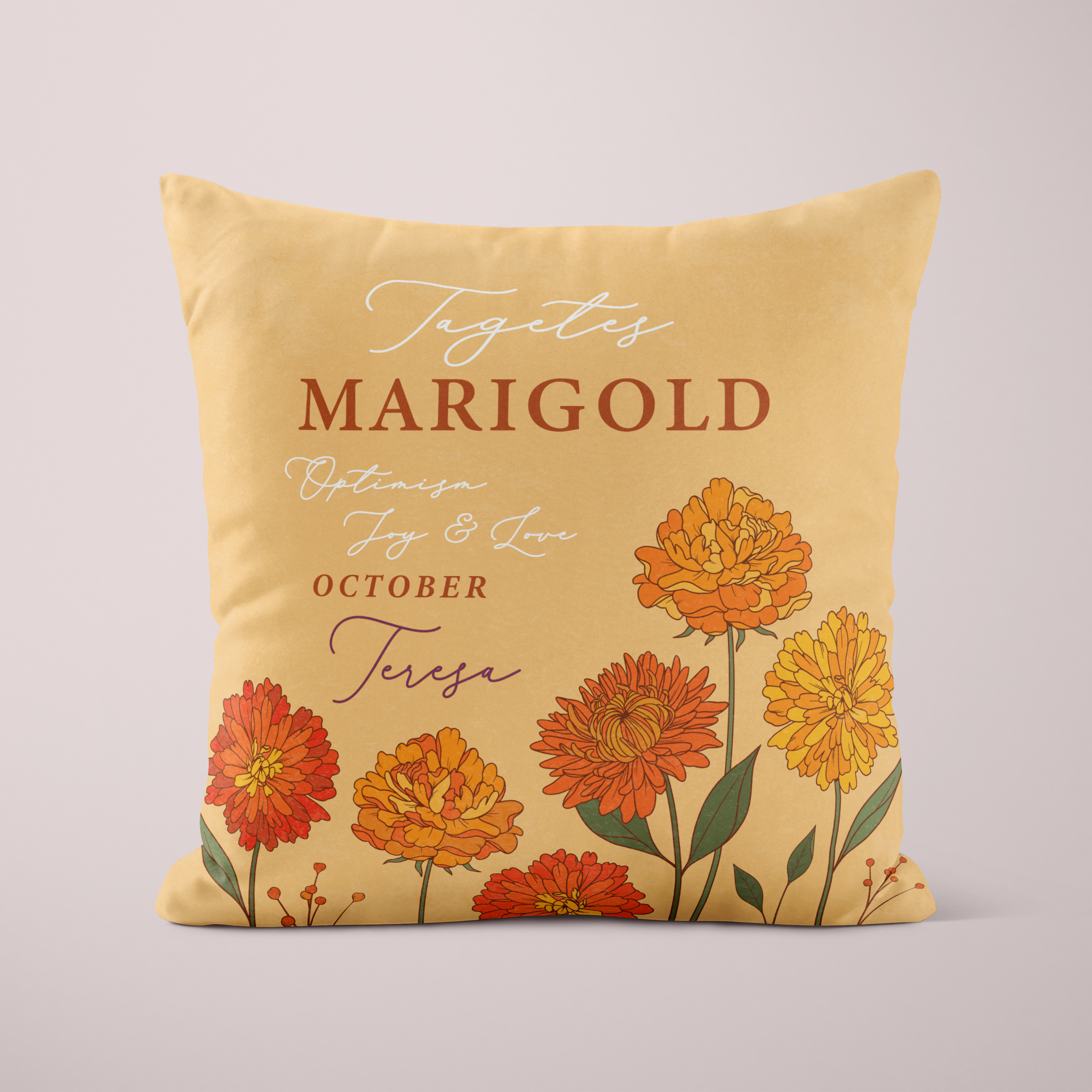 Personalised Birth Flower Cushion - October Marigold Design