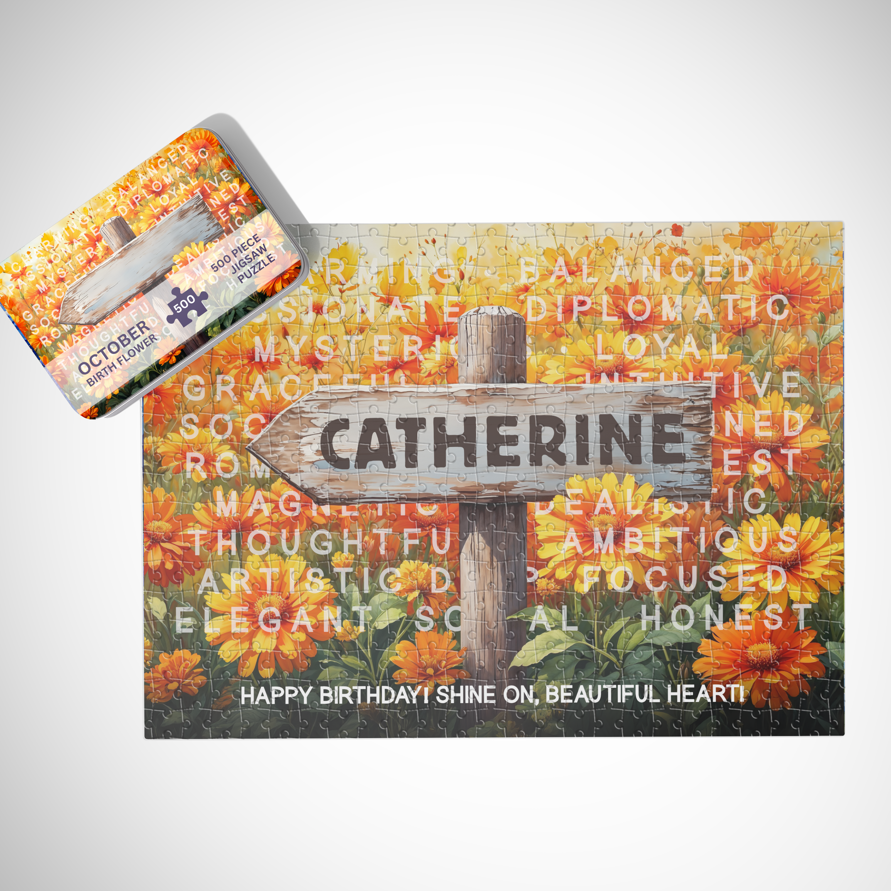 October Birth Month Puzzle - Choice of 250pcs or 500pcs | Heartfelt Keepsake | Marigold Flower Design | Add Name & Message