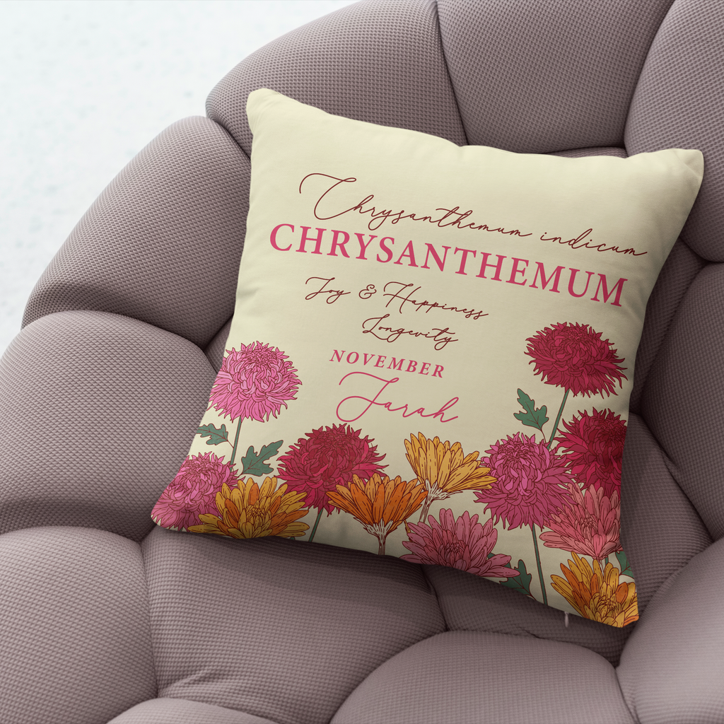 Personalised Birth Flower Cushion - November Chrysanthemum Design