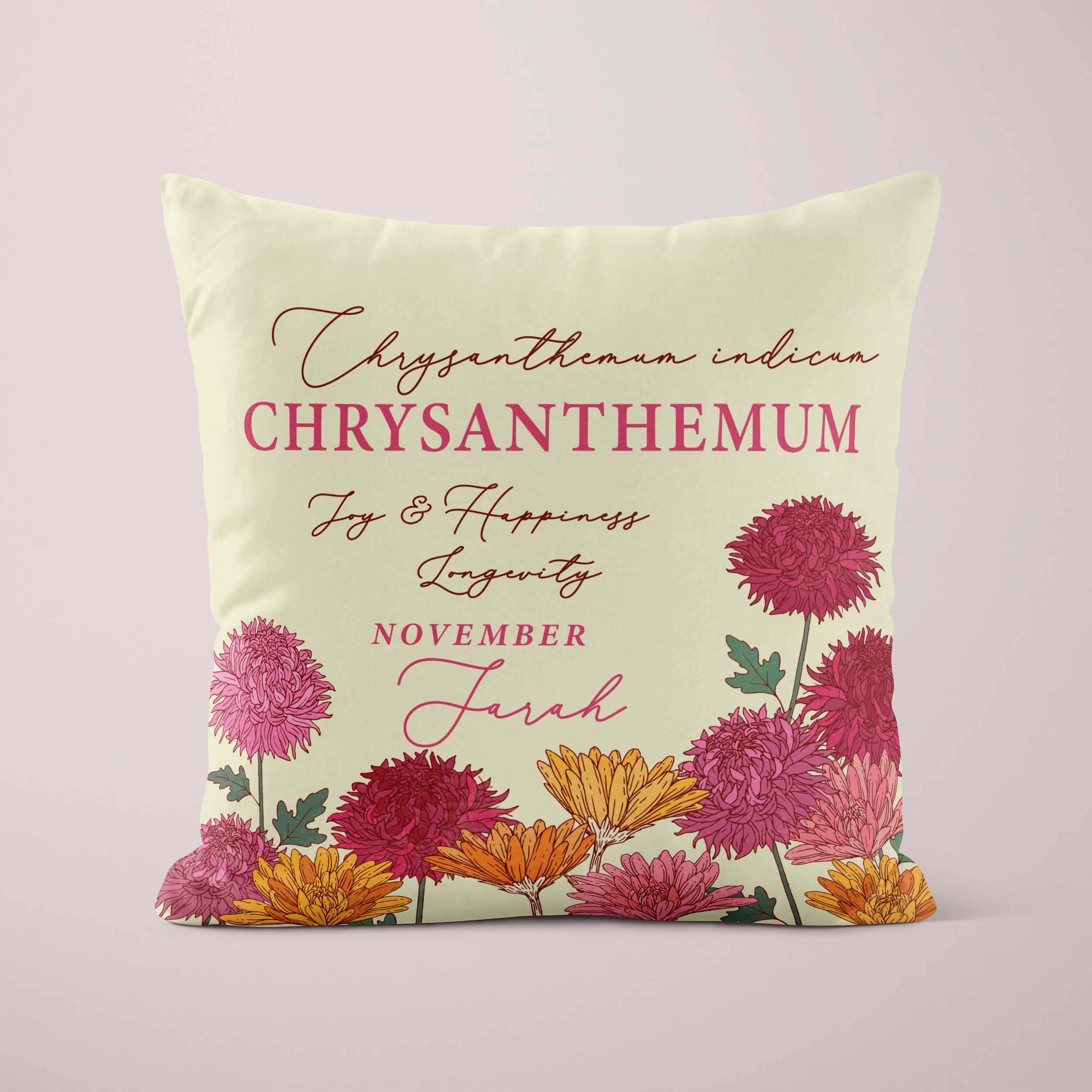 Personalised Birth Flower Cushion - November Chrysanthemum Design