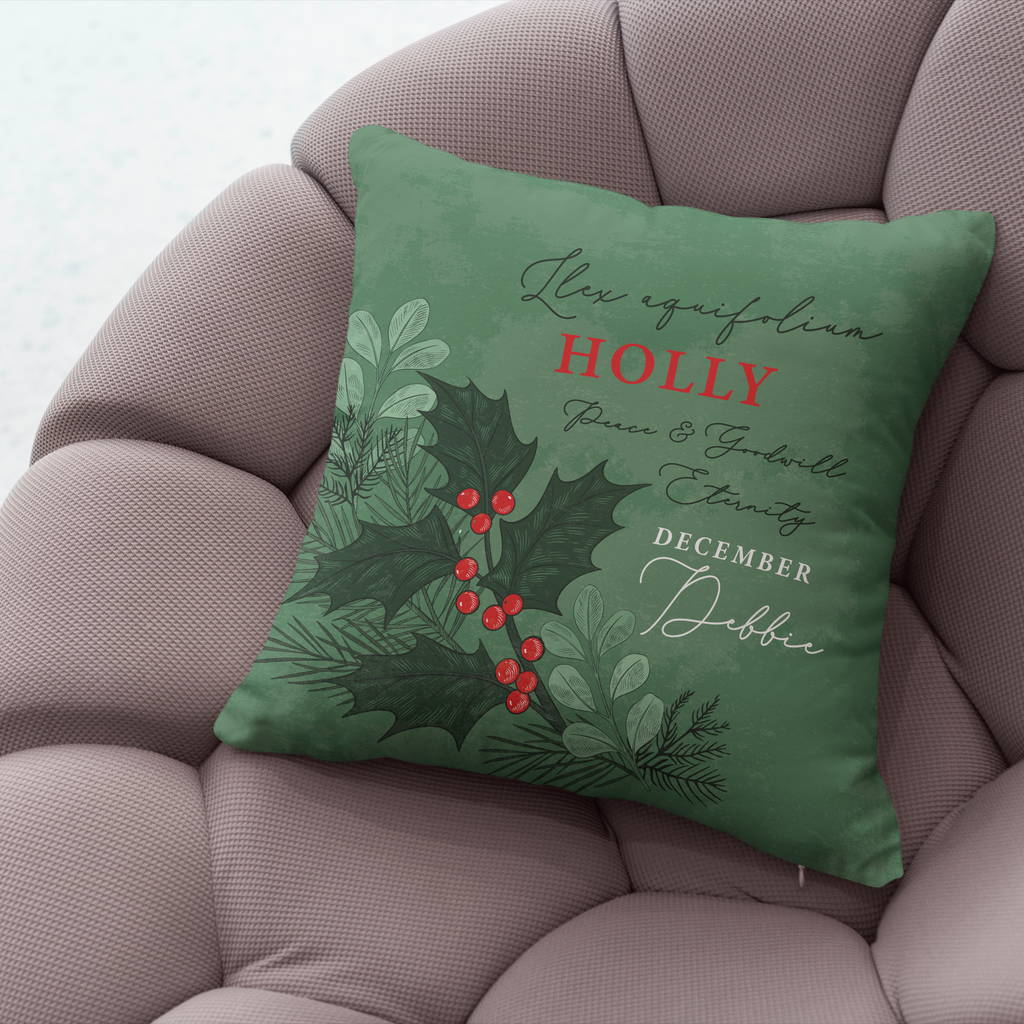 Personalised Birth Flower Cushion - December Holly Design
