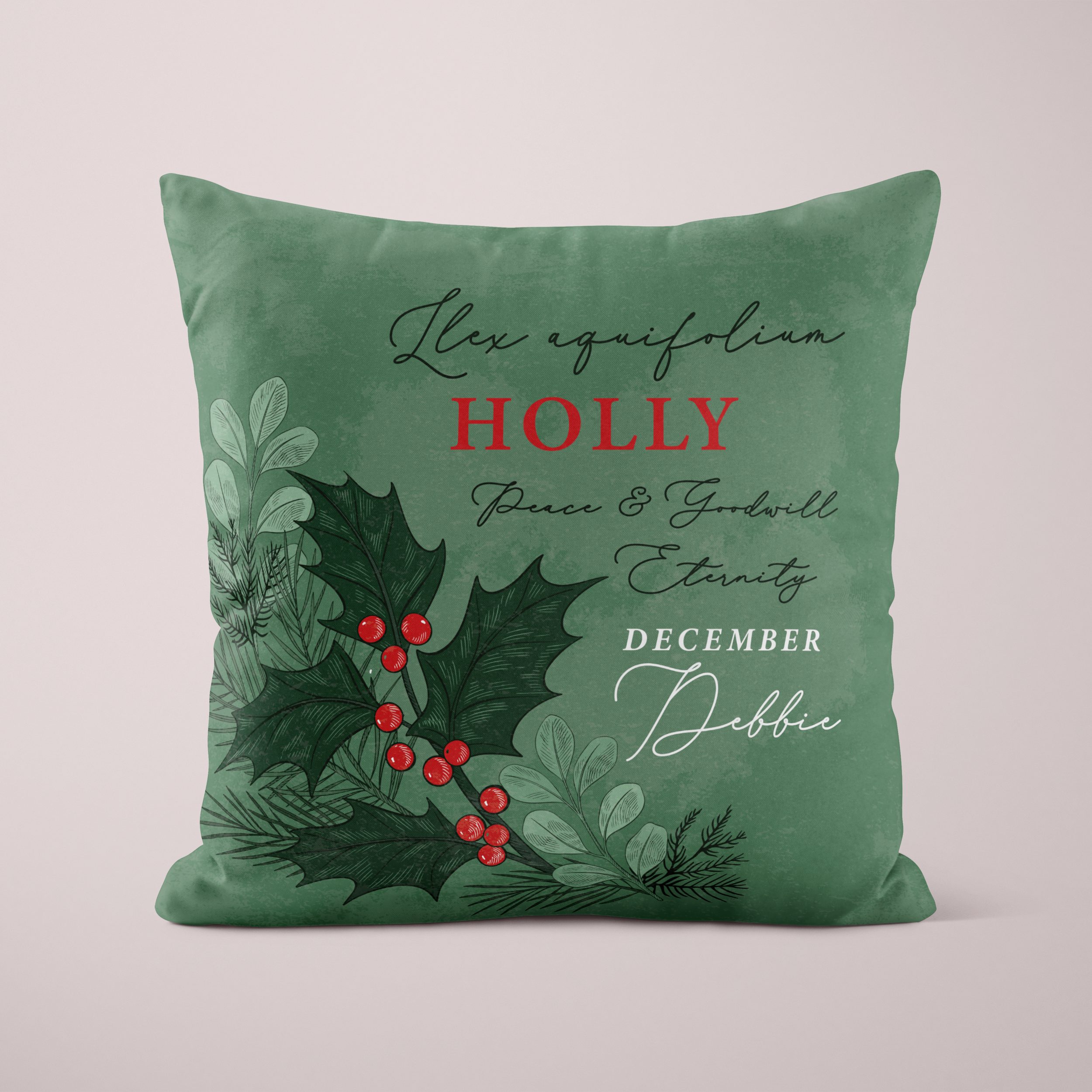 Personalised Birth Flower Cushion - December Holly Design