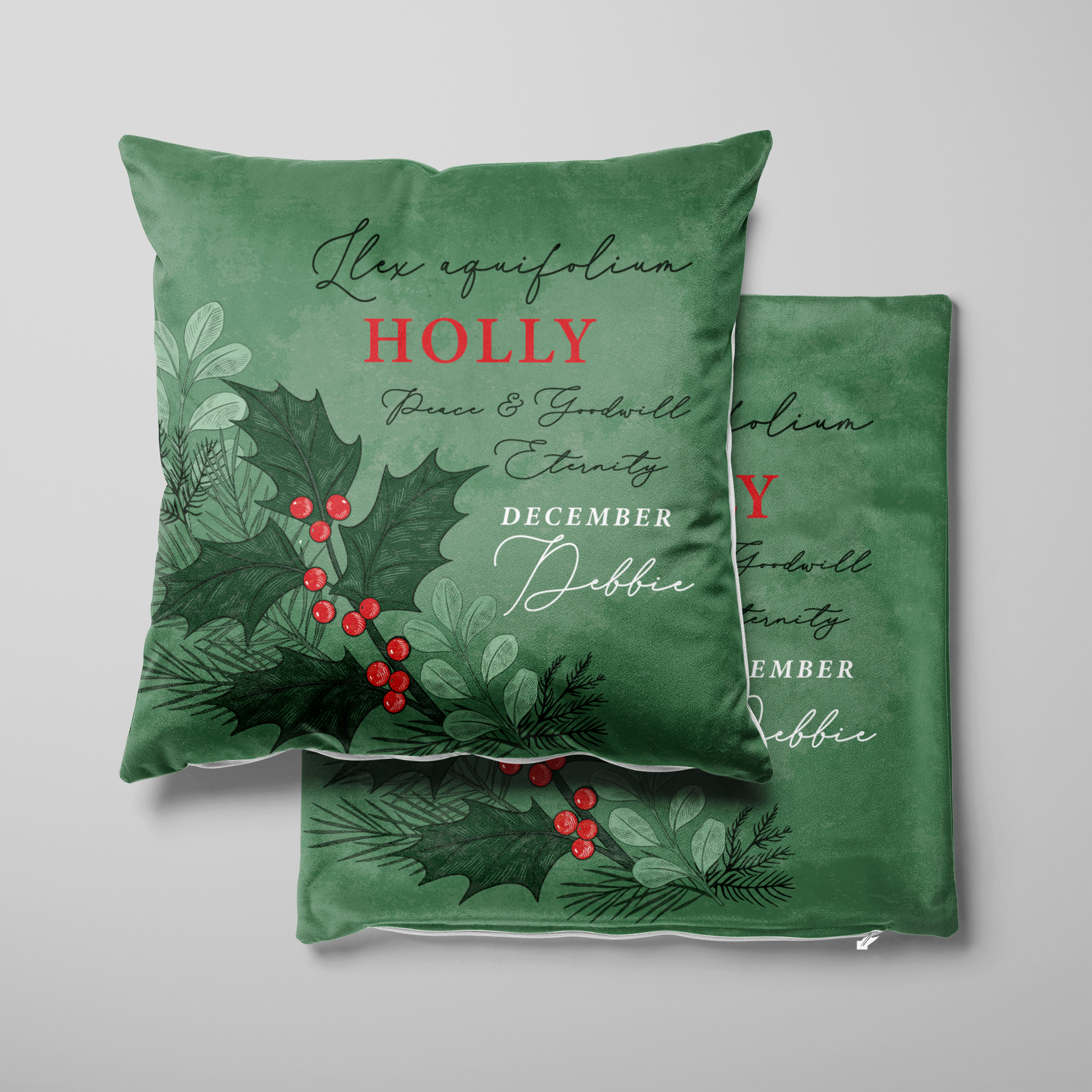 Personalised Birth Flower Cushion - December Holly Design