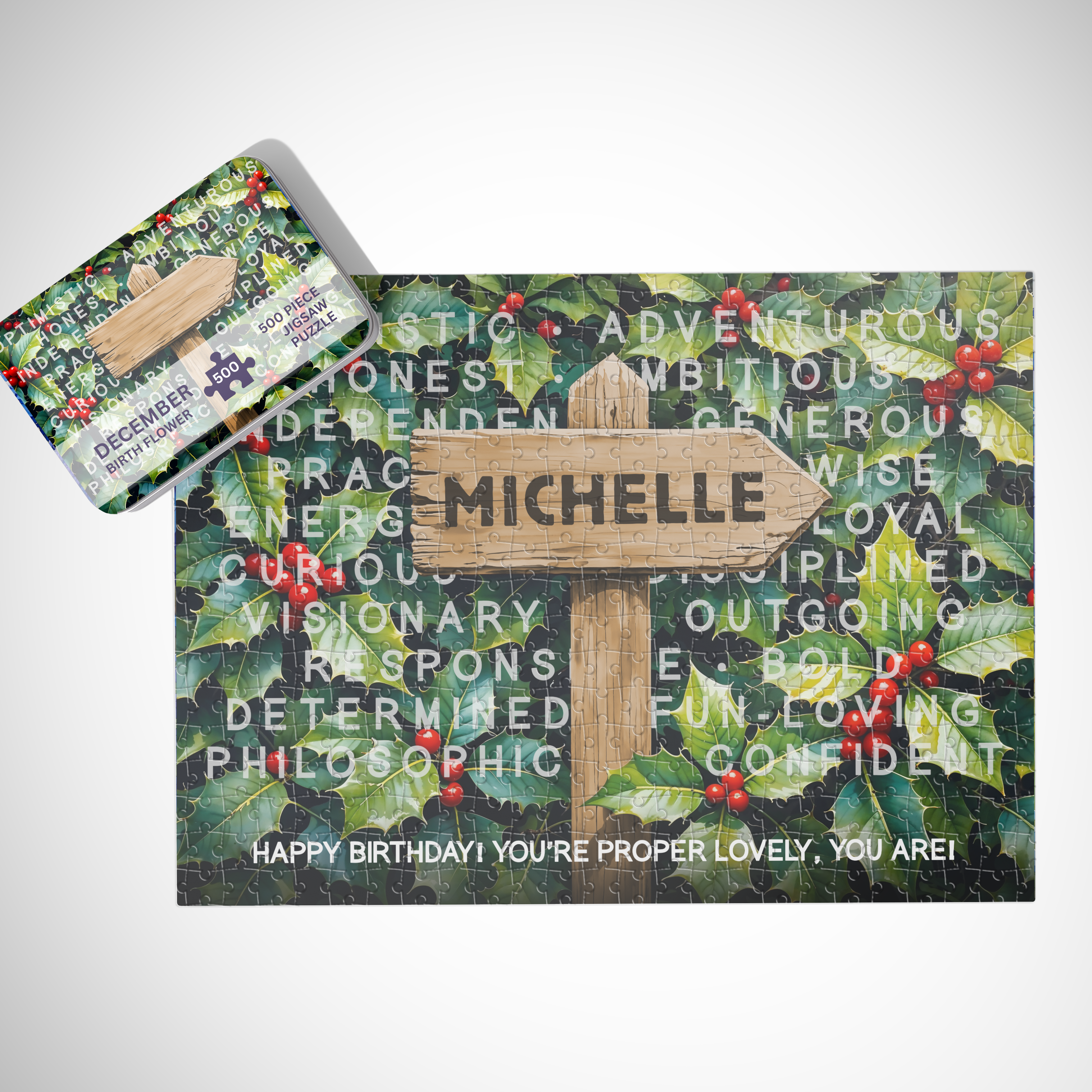December Birth Month Puzzle - Choice of 250pcs or 500pcs | Heartfelt Keepsake | Holly Flower Design | Add Name & Message