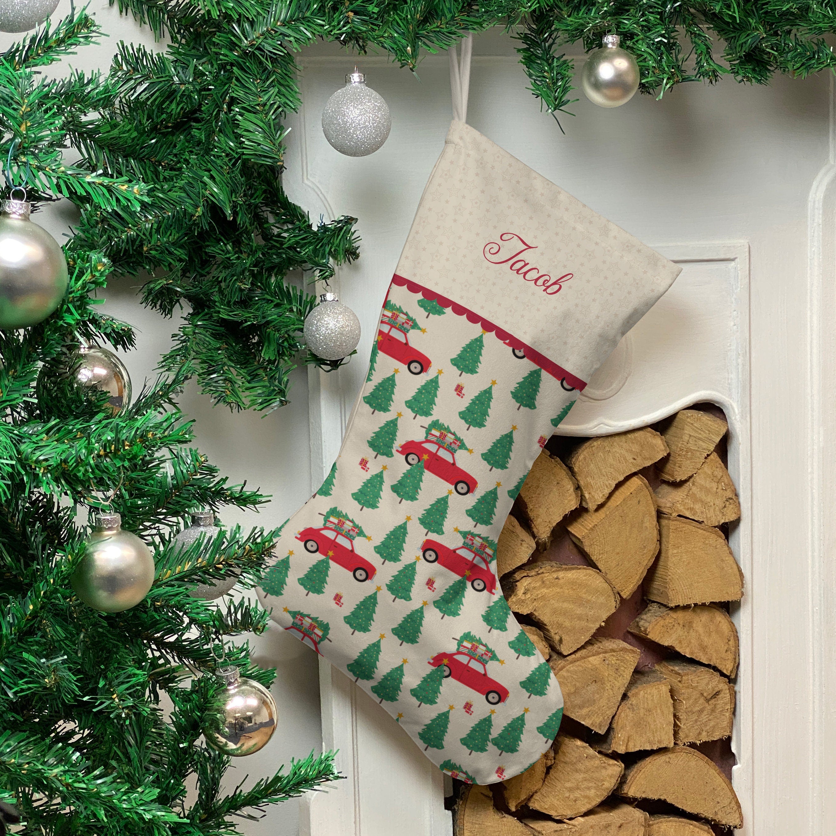 Personalised Christmas Stocking - Christmas Car Design | Handmade Christmas Decor Main image