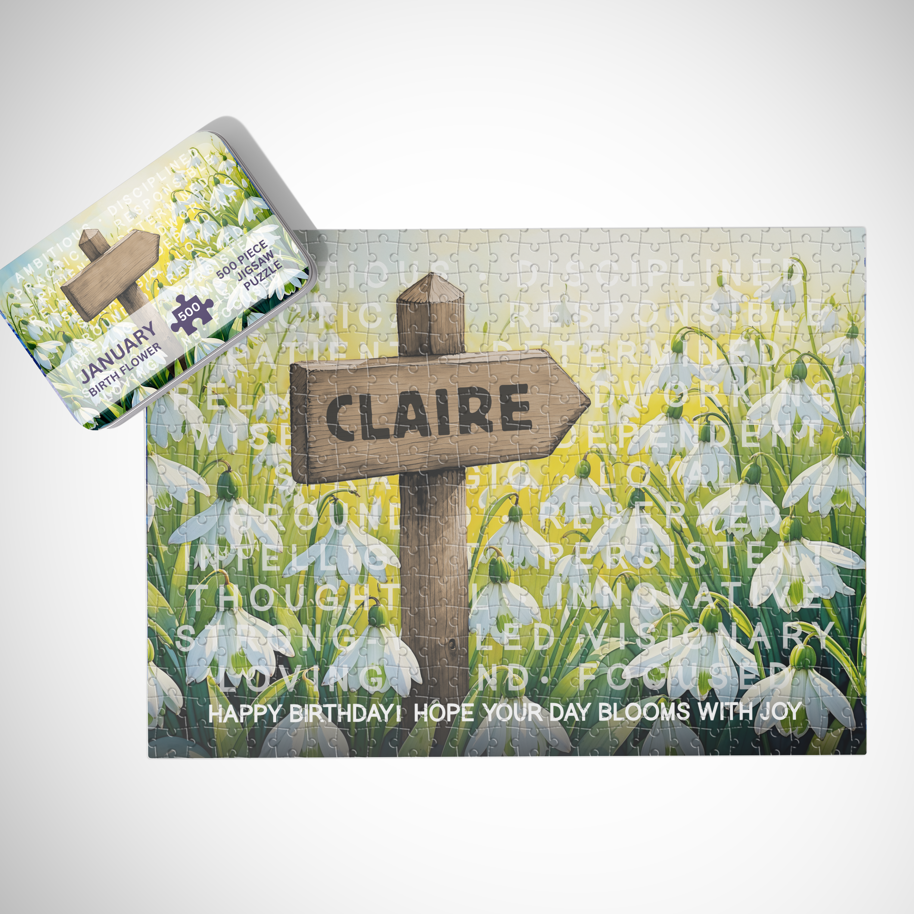 January Birth Month Puzzle - Choice of 250pcs or 500pcs | Heartfelt Keepsake | Snowdrops Design | Add Name & Message