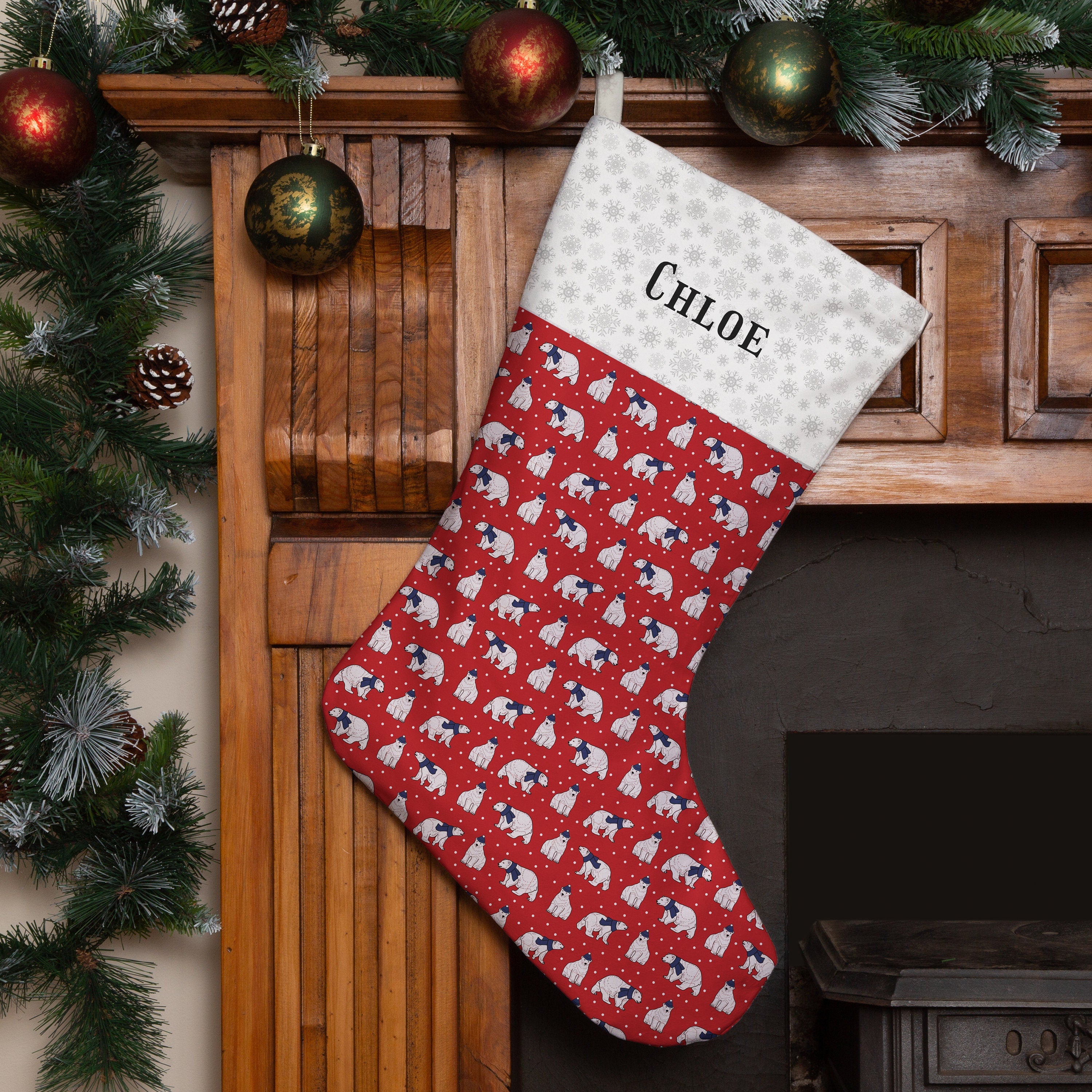 Personalised Christmas Stocking -  Red Polar Bears Design | Handmade Christmas Decor