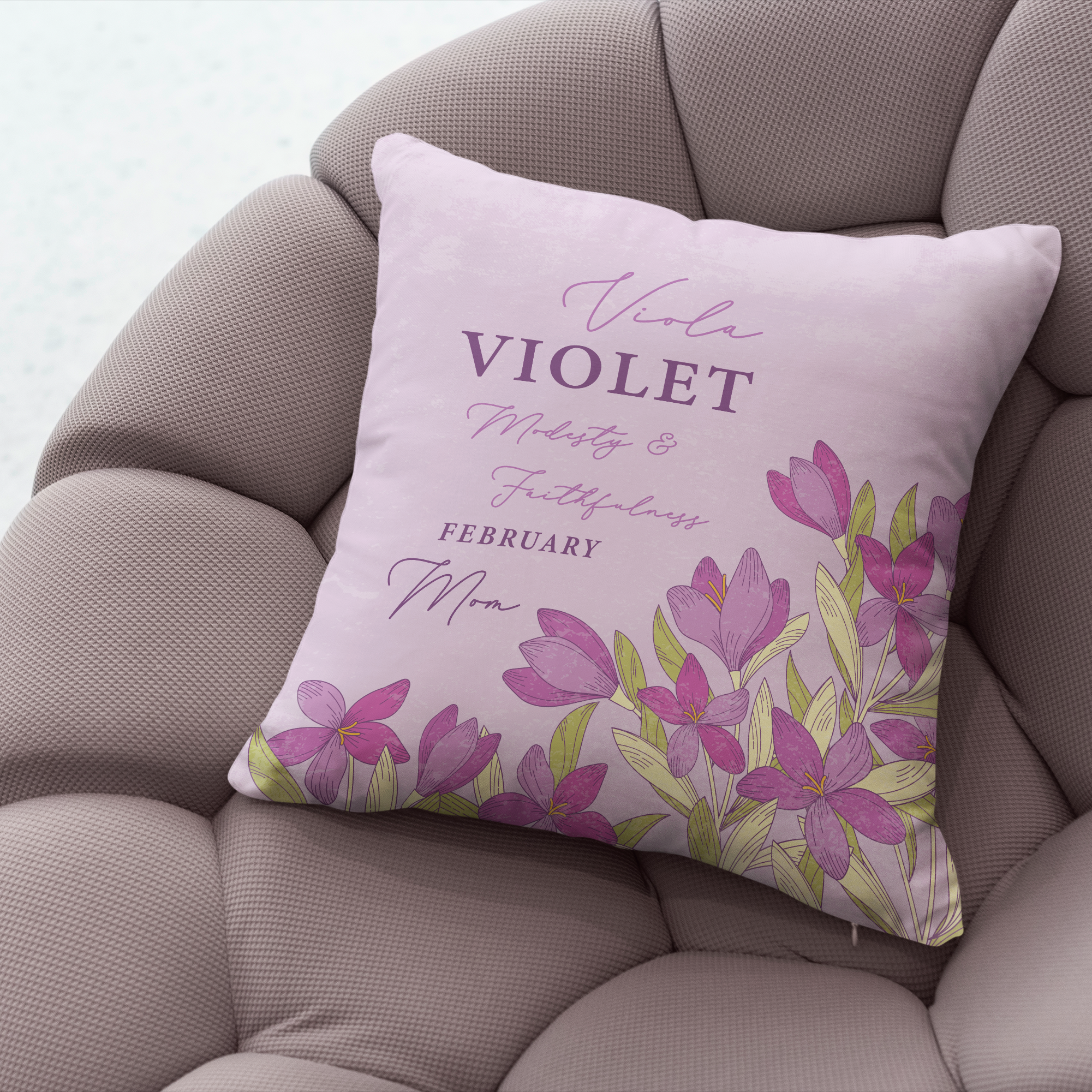 Personalised Birth Flower Cushion - February Violet Design