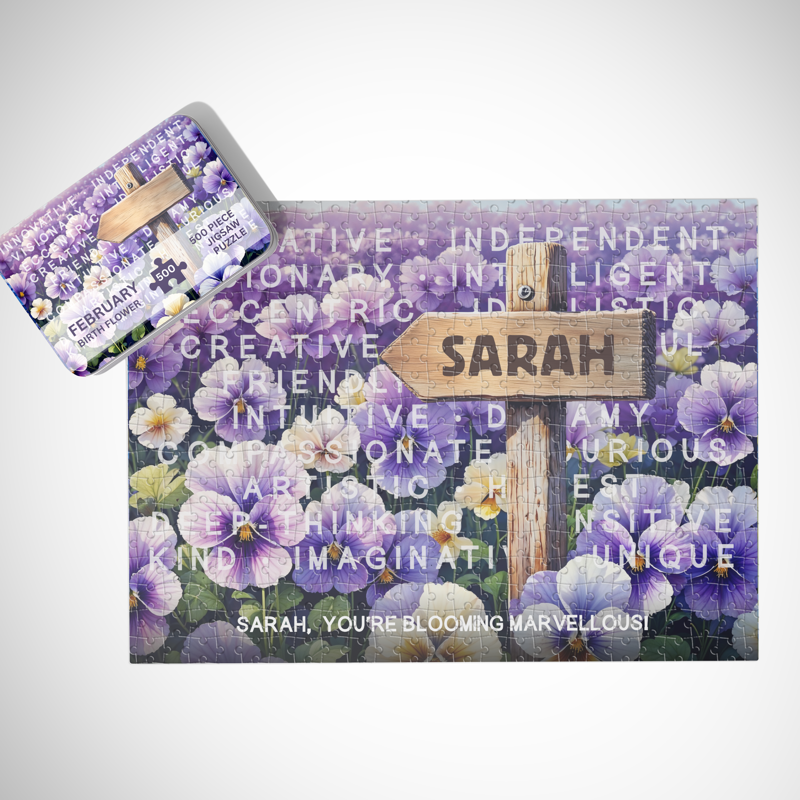 February Birth Month Puzzle - Choice of 250pcs or 500pcs | Heartfelt Keepsake | Violet Flower Design | Name & Message