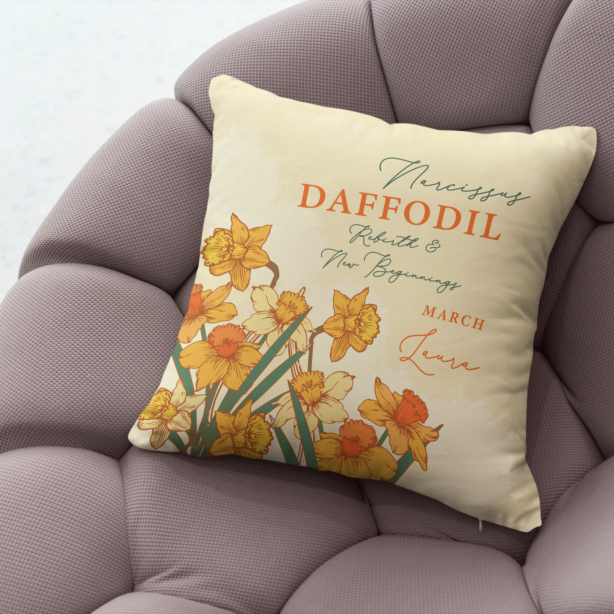 Personalised Birth Flower Cushion - March Daffodil Design