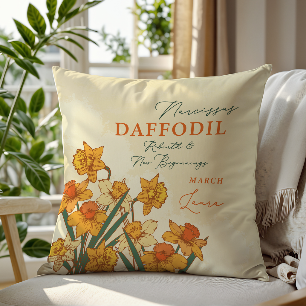 Personalised Birth Flower Cushion - March Daffodil Design