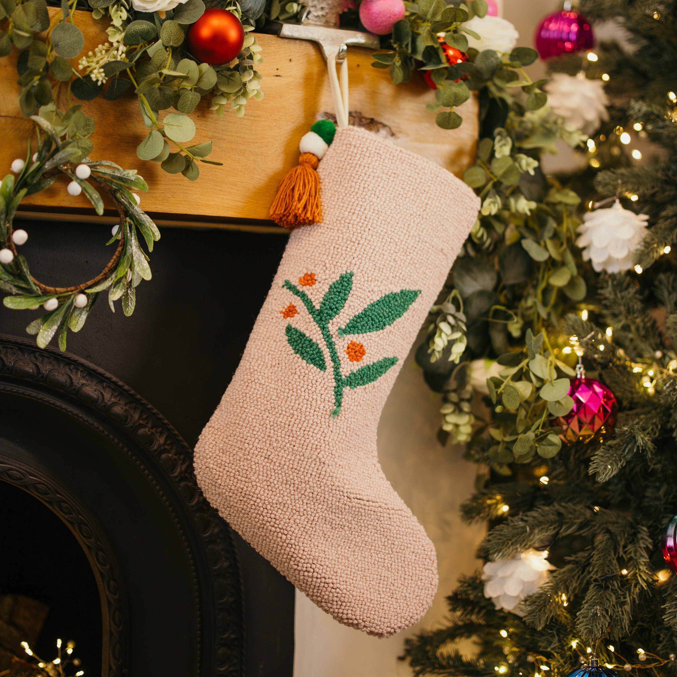 Personalised Christmas Stocking - Pink Twig Design | Needle Hook Knit | Christmas Decor
