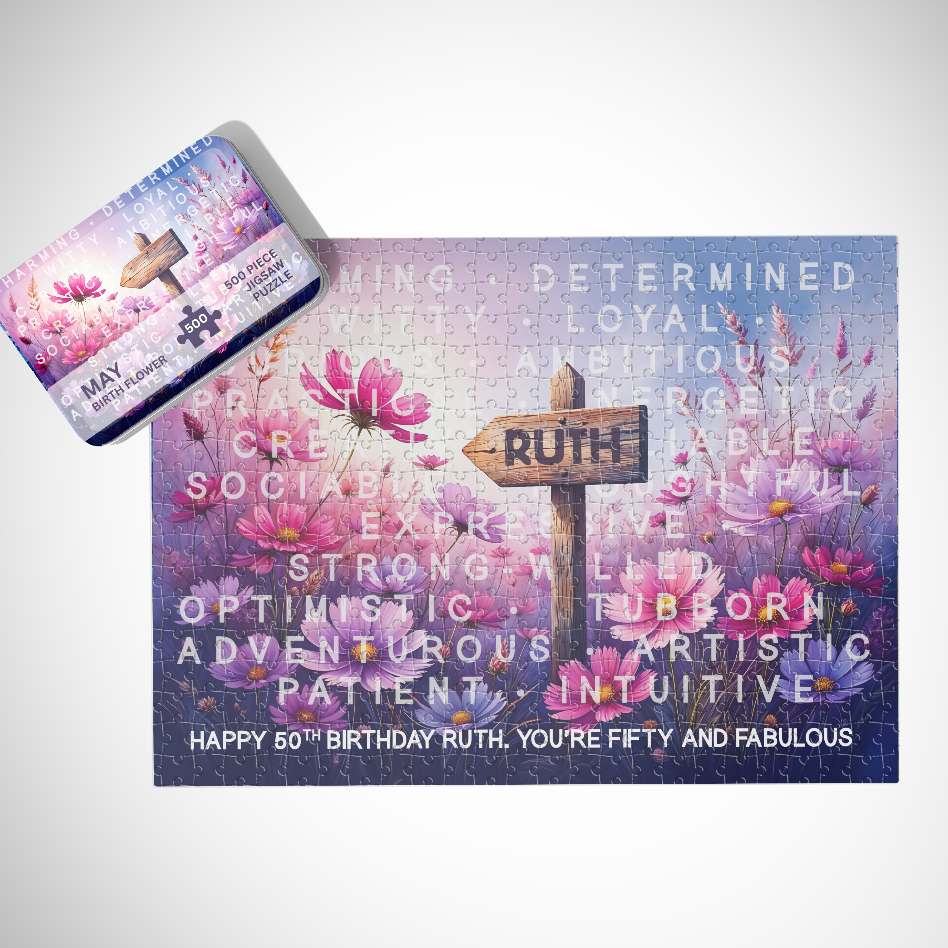 May Birth Month Puzzle - Choice of 250pcs or 500pcs | Heartfelt Keepsake | Cosmos Bloom Design | Add Name & Message