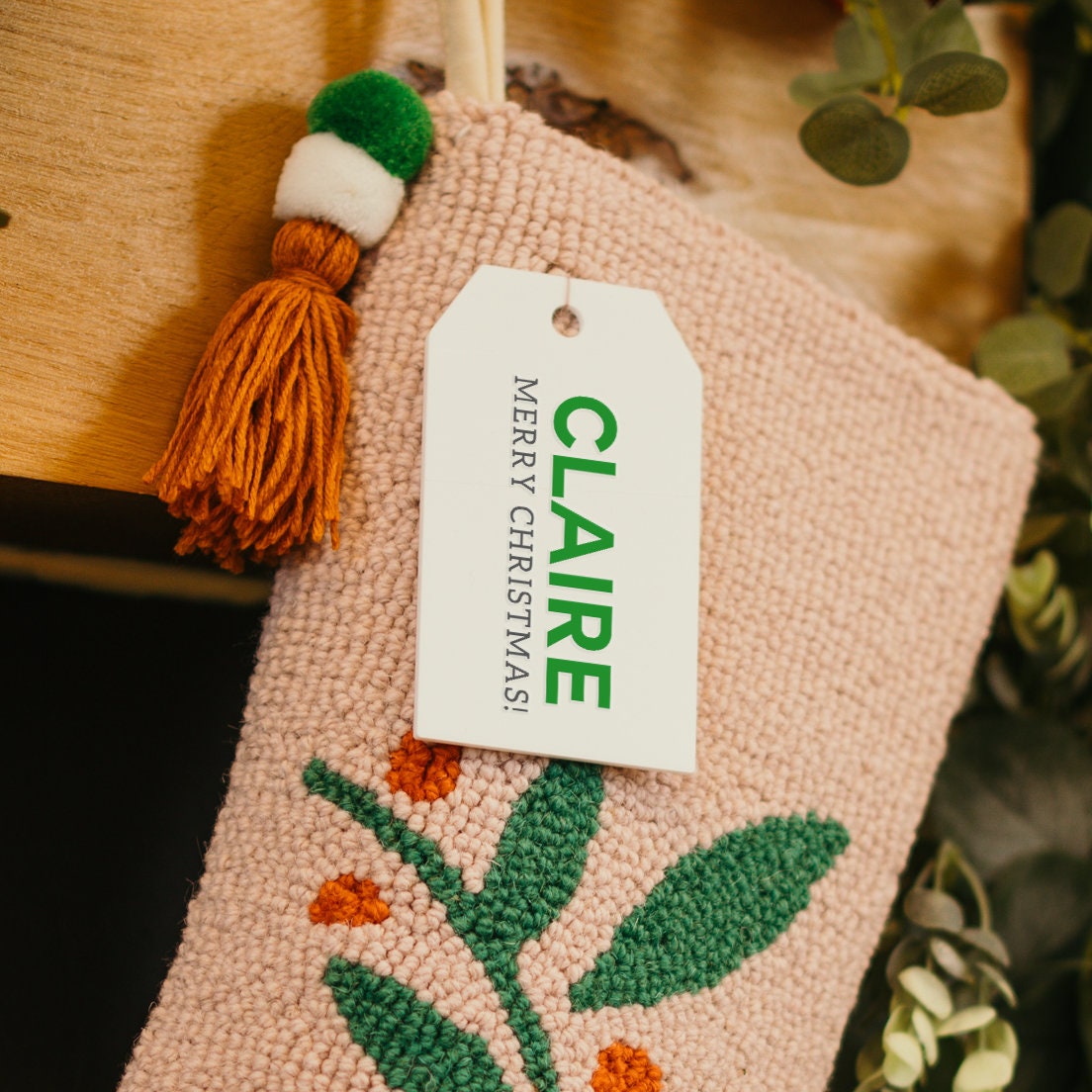 Personalised Christmas Stocking - Pink Twig Design | Needle Hook Knit | Christmas Decor