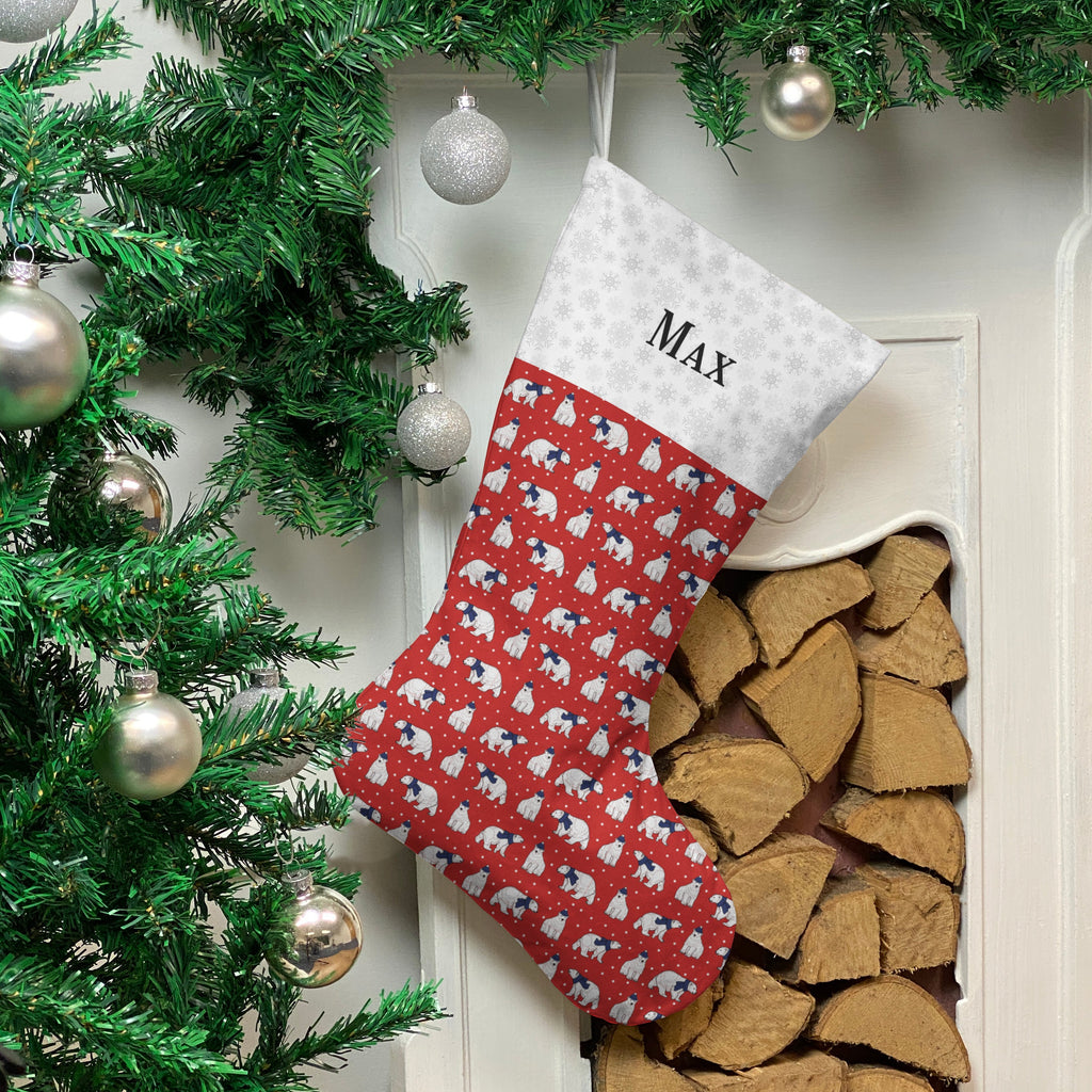 Personalised Christmas Stocking -  Red Polar Bears Design | Handmade Christmas Decor