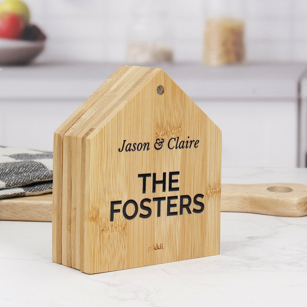 Personalised New Home House Shaped Wooden Drinks Coasters - Set of 4