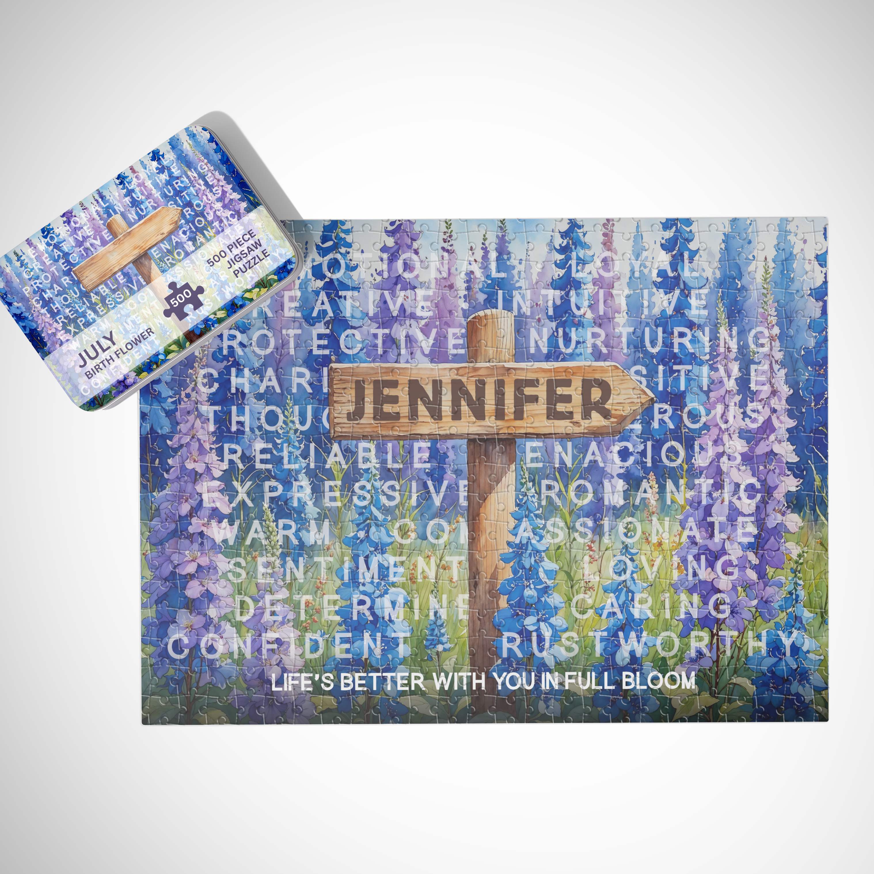 July Birth Month Puzzle - Choice of 250pcs or 500pcs | Heartfelt Keepsake | Larkspur Flower Design | Add Name & Message
